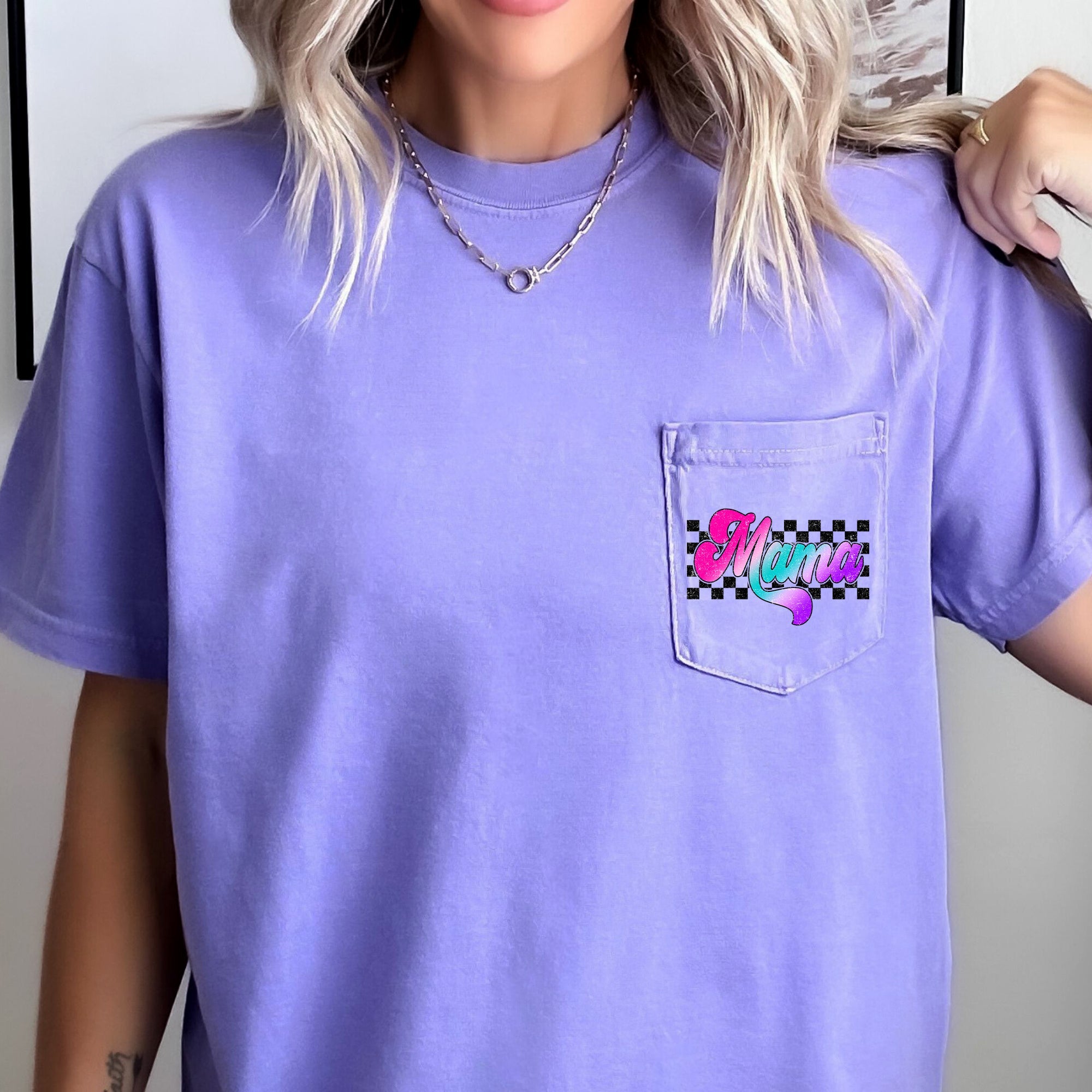 Mama Retro Checkered Lightning Bolt Colorful Ombre Pocket Graphic Comfort Colors Tee
