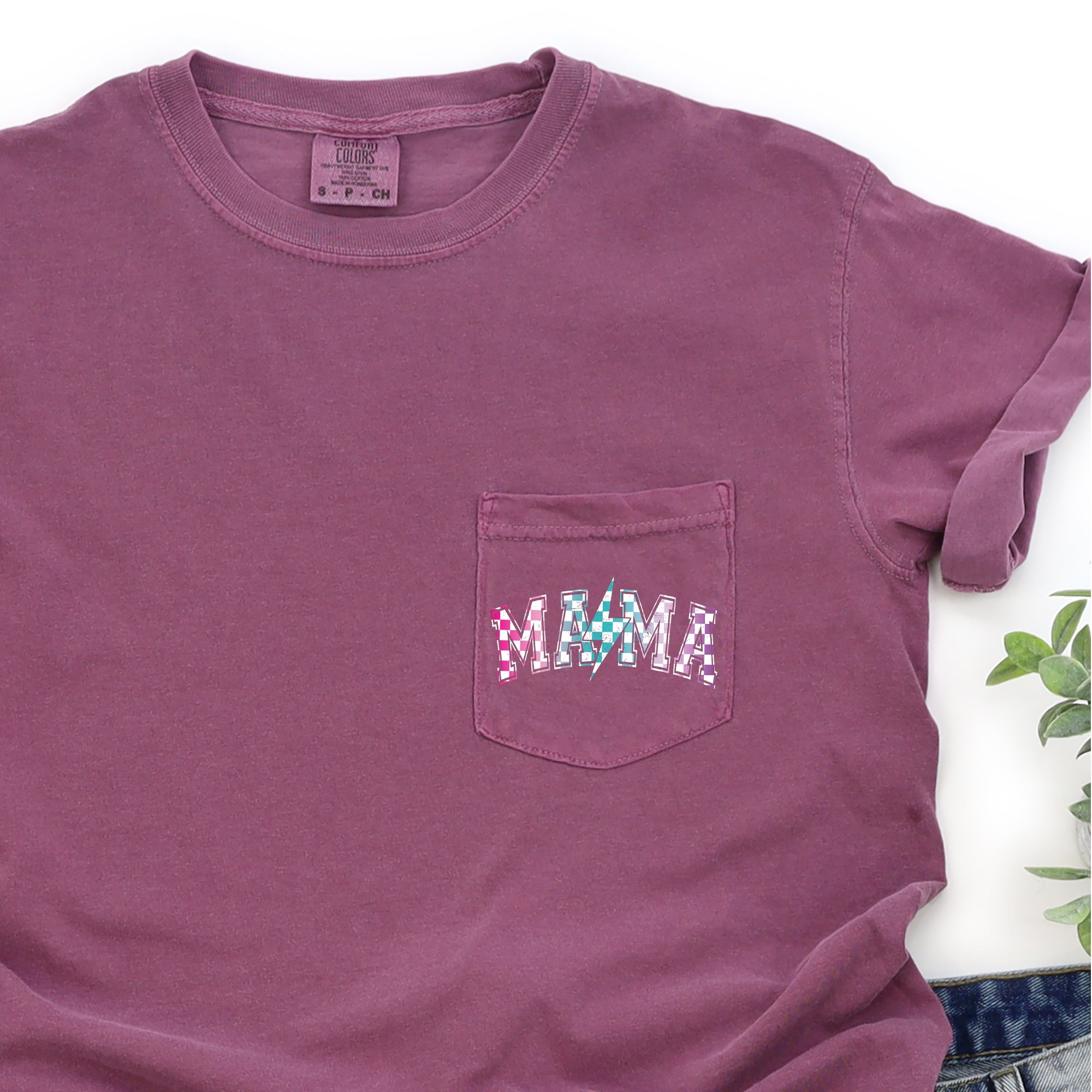 Mama Pocket Retro Checkered Lightning Bolt Colorful Bold Vintage Comfort Colors Tee