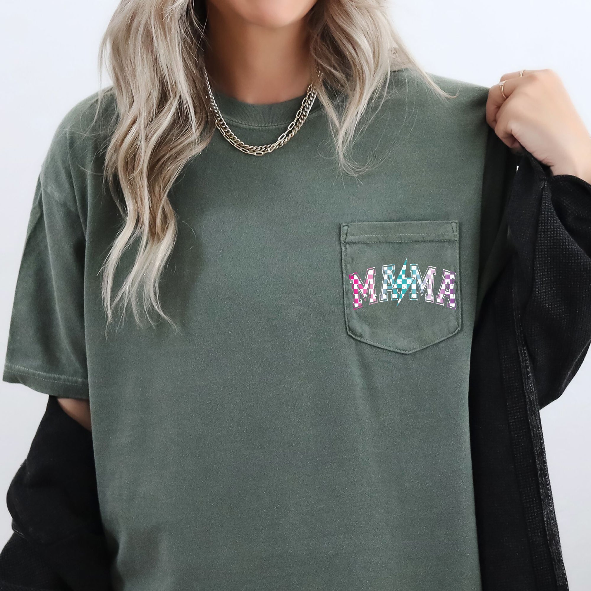 Mama Pocket Retro Checkered Lightning Bolt Colorful Bold Vintage Comfort Colors Tee