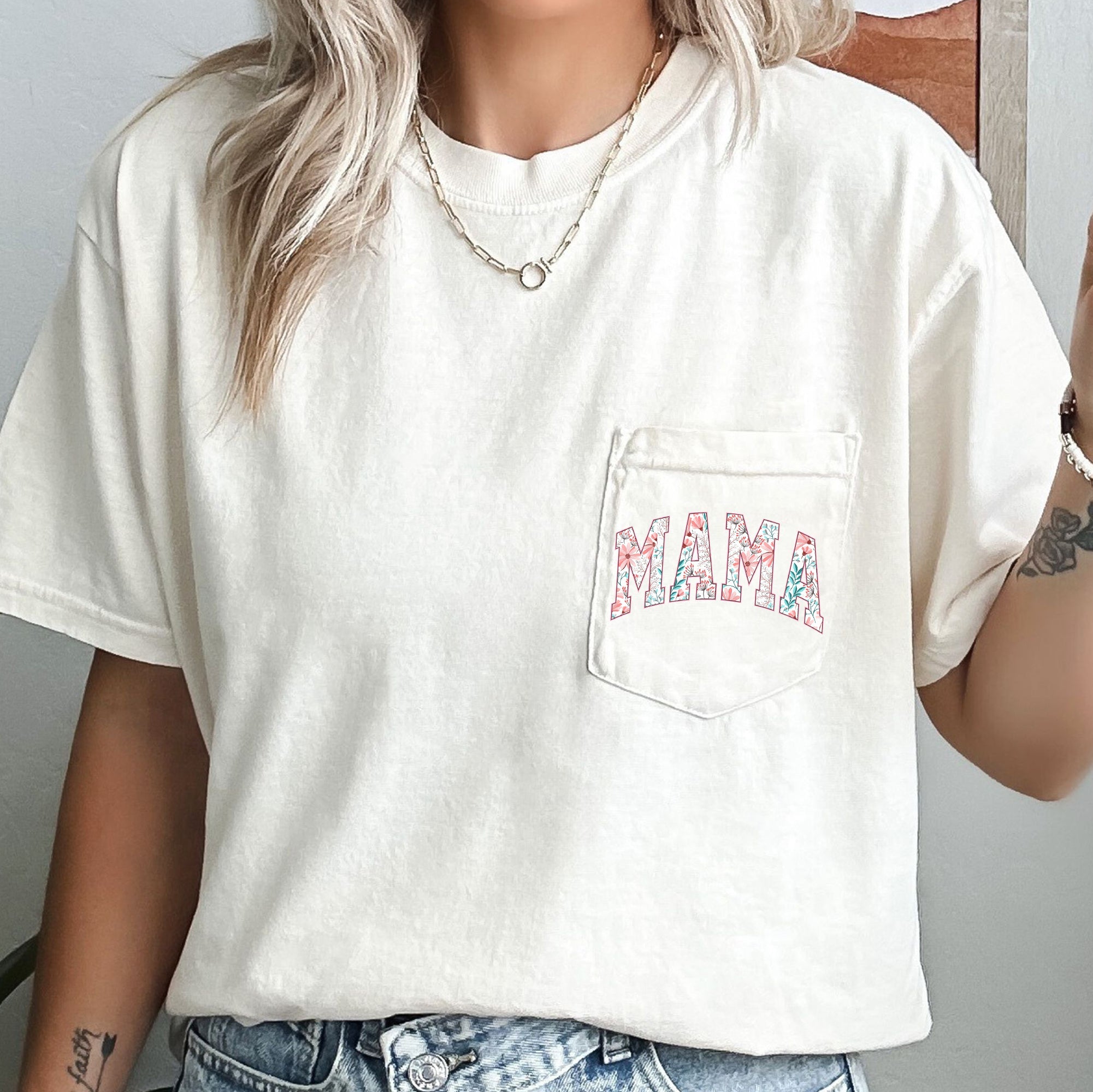 Mama Retro Floral Pinks Vintage Inspired Pocket Tee With Soft Handfeel And Everyday Comfort Comfort Colors Tee