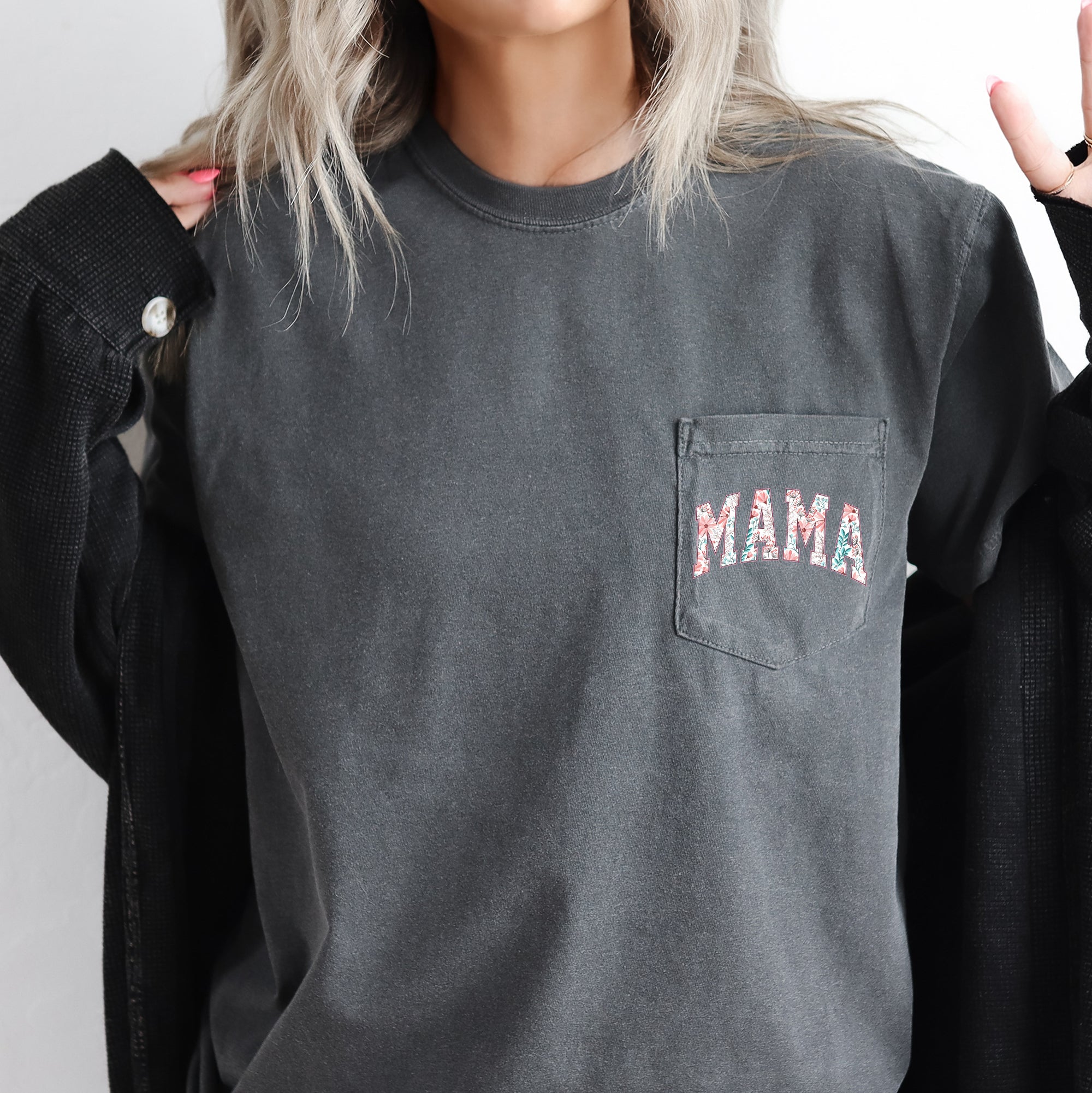 Mama Retro Floral Pinks Vintage Inspired Pocket Tee With Soft Handfeel And Everyday Comfort Comfort Colors Tee