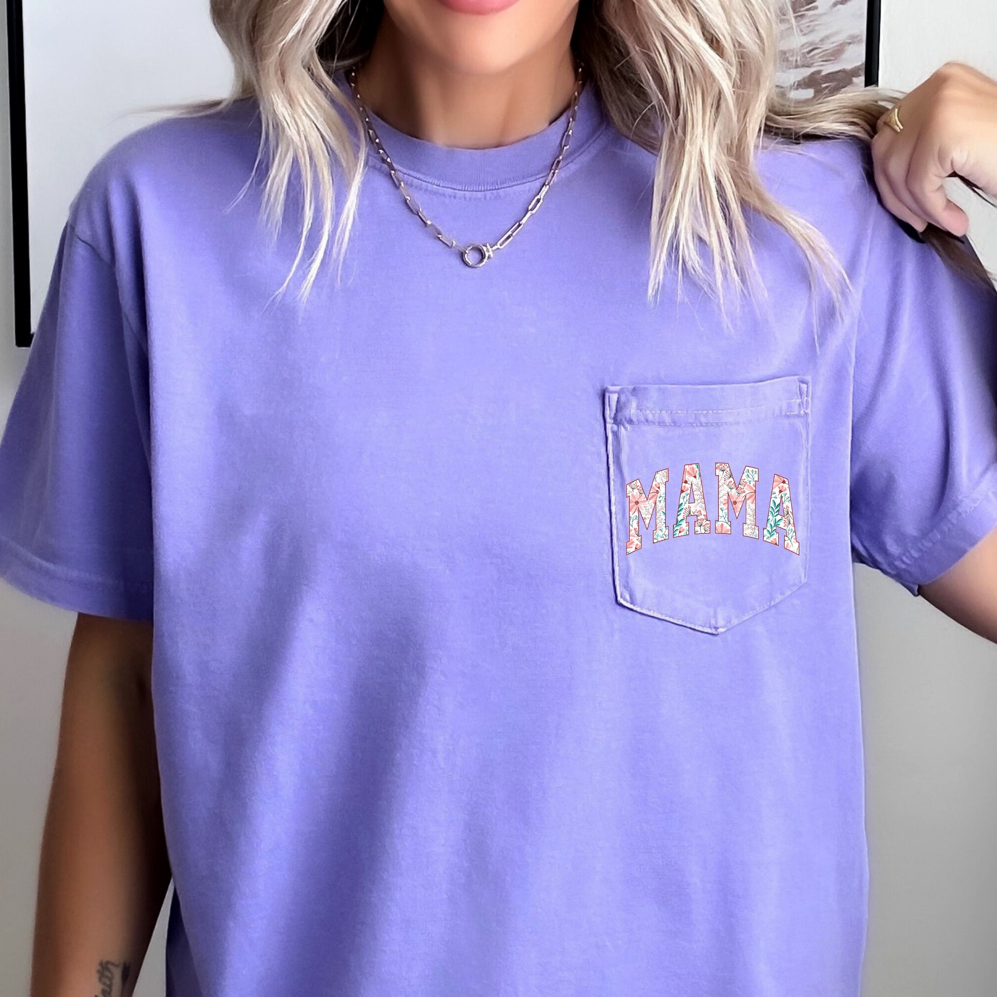 Mama Retro Floral Pinks Vintage Inspired Pocket Tee With Soft Handfeel And Everyday Comfort Comfort Colors Tee