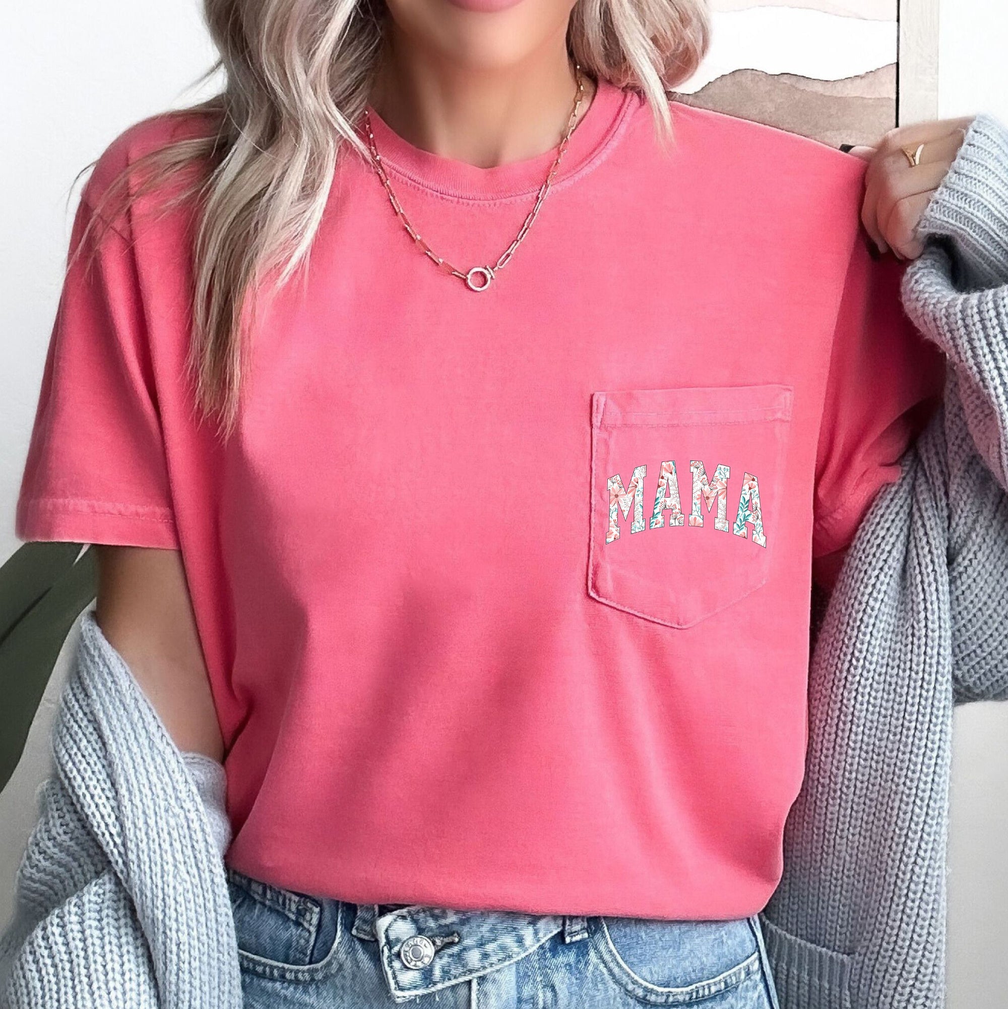 Mama Retro Floral Pinks Vintage Inspired Pocket Tee With Soft Handfeel And Everyday Comfort Comfort Colors Tee