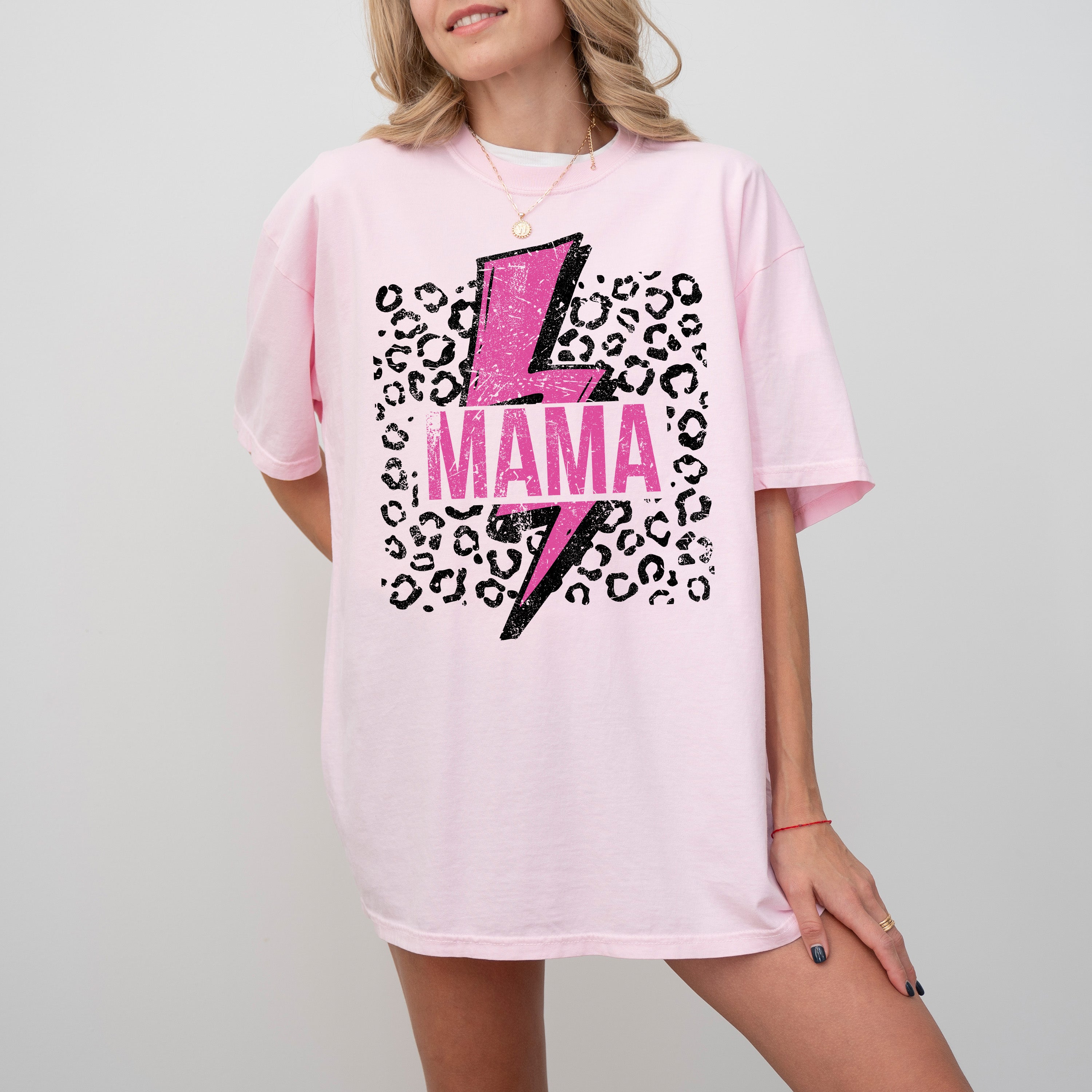 Mama Retro Lightning Bolt Leopard Print Pink Vintage Style Statement Comfort Colors Tee