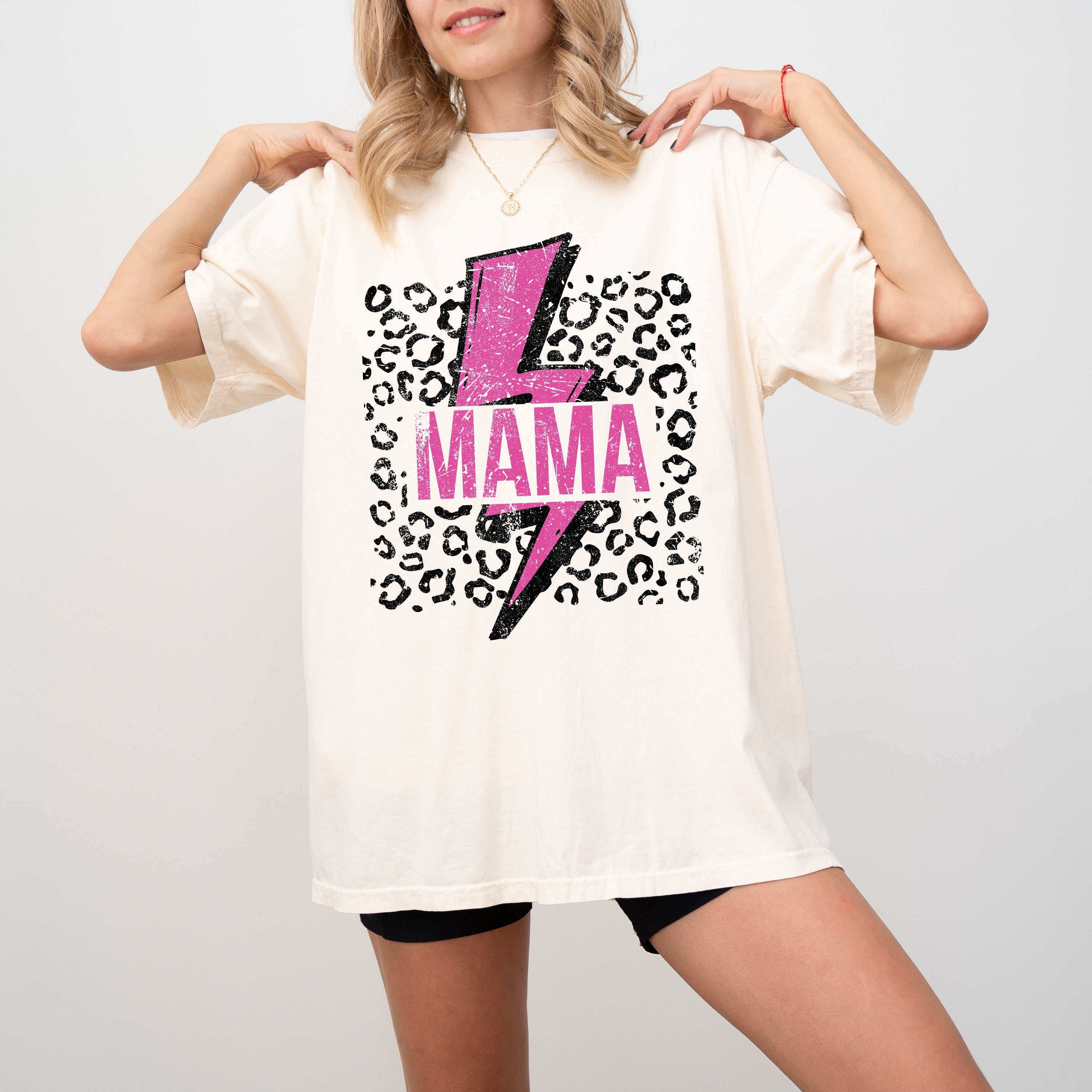 Mama Retro Lightning Bolt Leopard Print Pink Vintage Style Statement Comfort Colors Tee