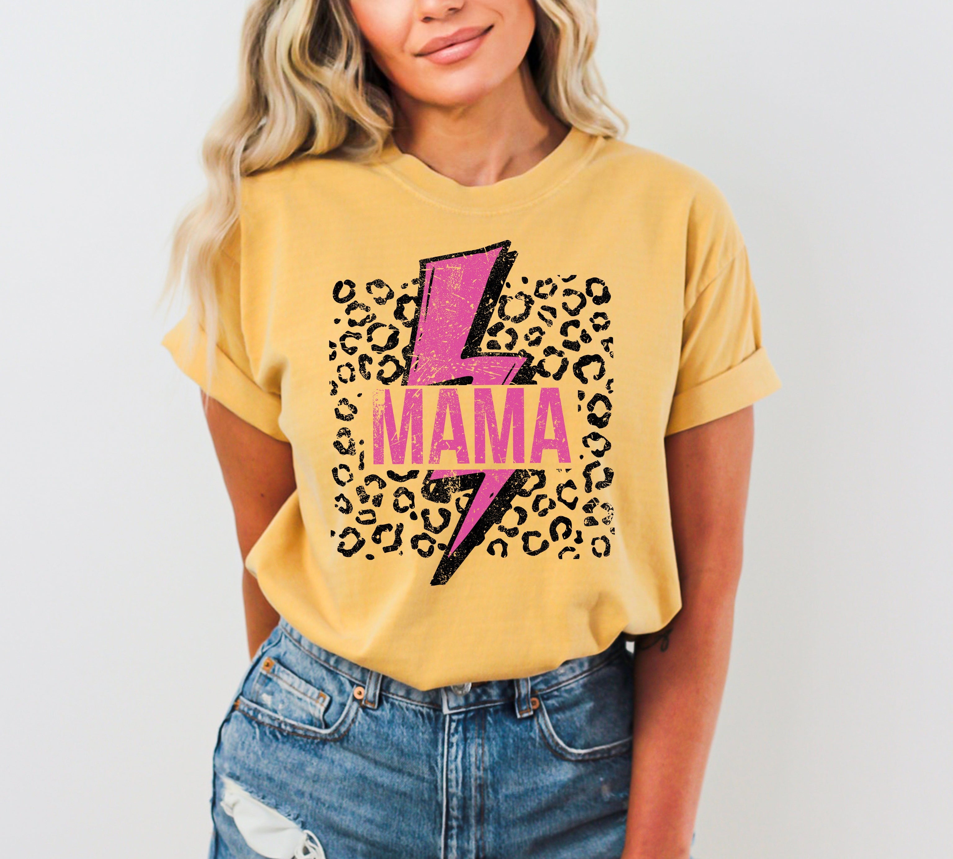 Mama Retro Lightning Bolt Leopard Print Pink Vintage Style Statement Comfort Colors Tee