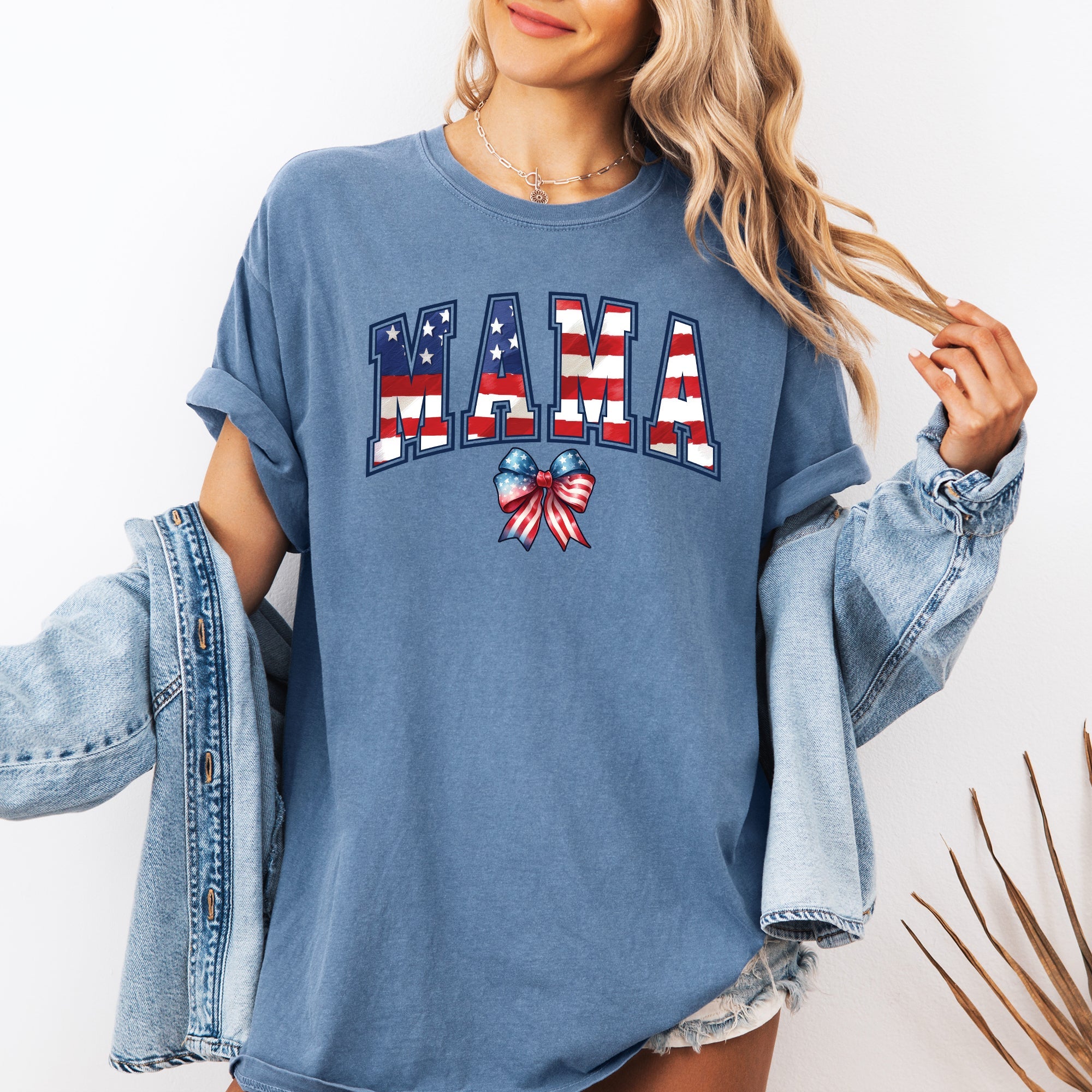 Mama USA Flag Patriotic Varsity Bow Ribbon America 4th Of July Comfort Colors Tee