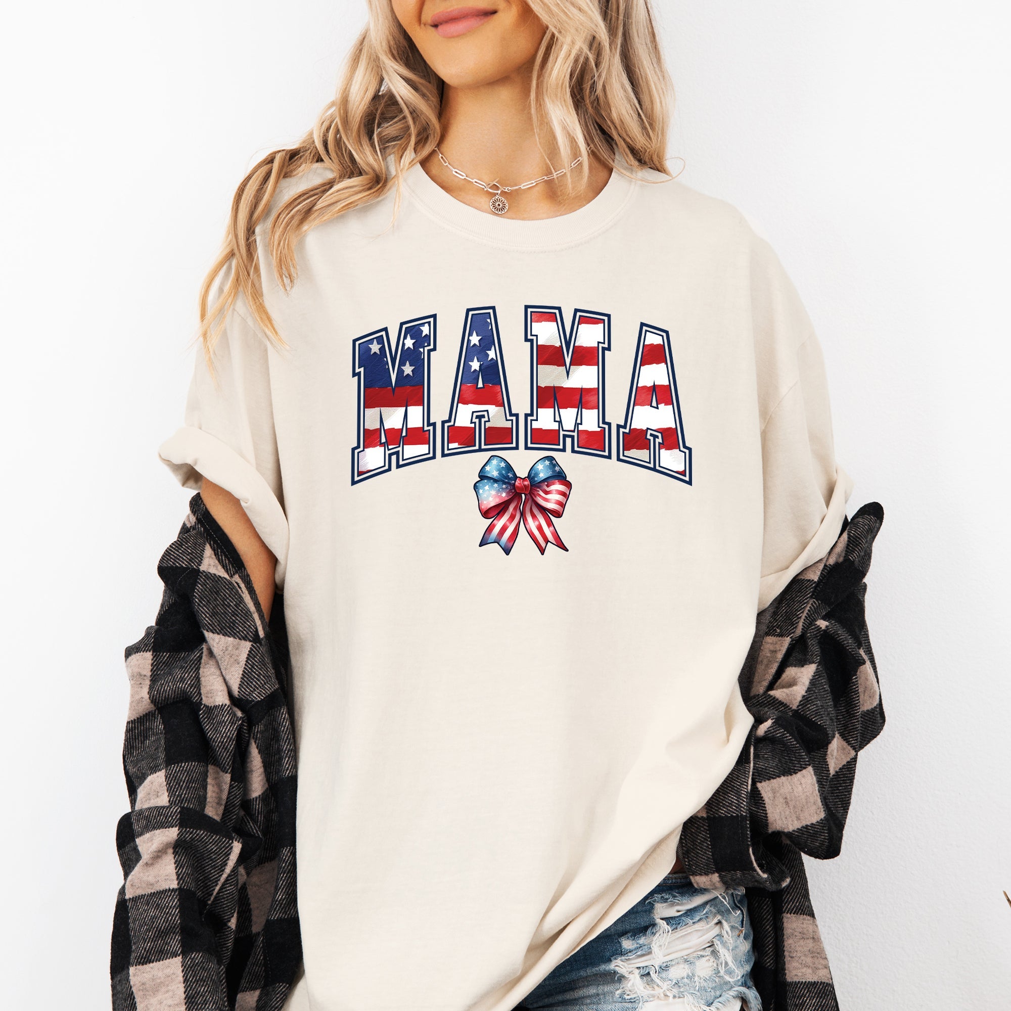 Mama USA Flag Patriotic Varsity Bow Ribbon America 4th Of July Comfort Colors Tee