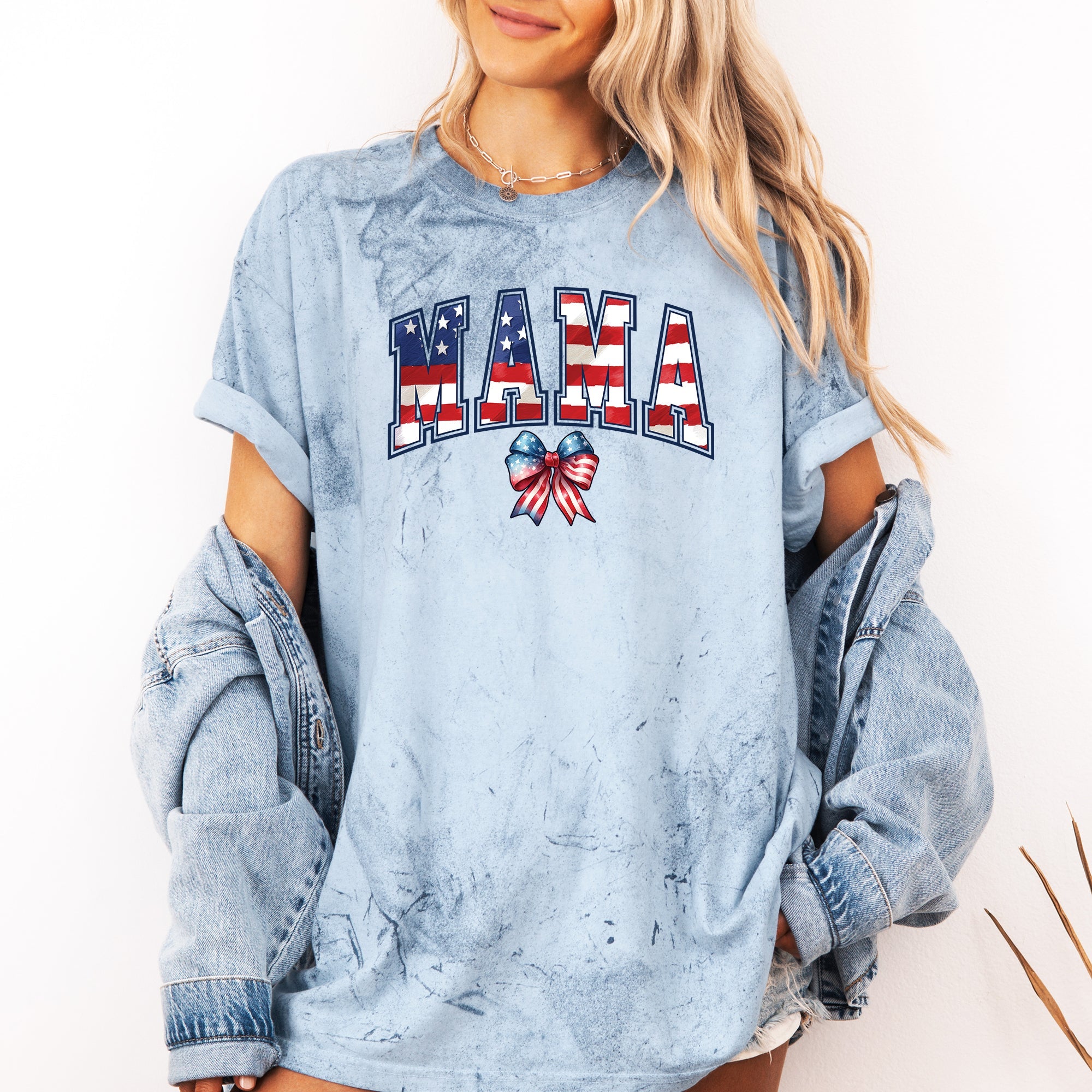 Mama USA Flag Patriotic Varsity Bow Ribbon America Fourth of July Color Blast Comfort Colors Tee