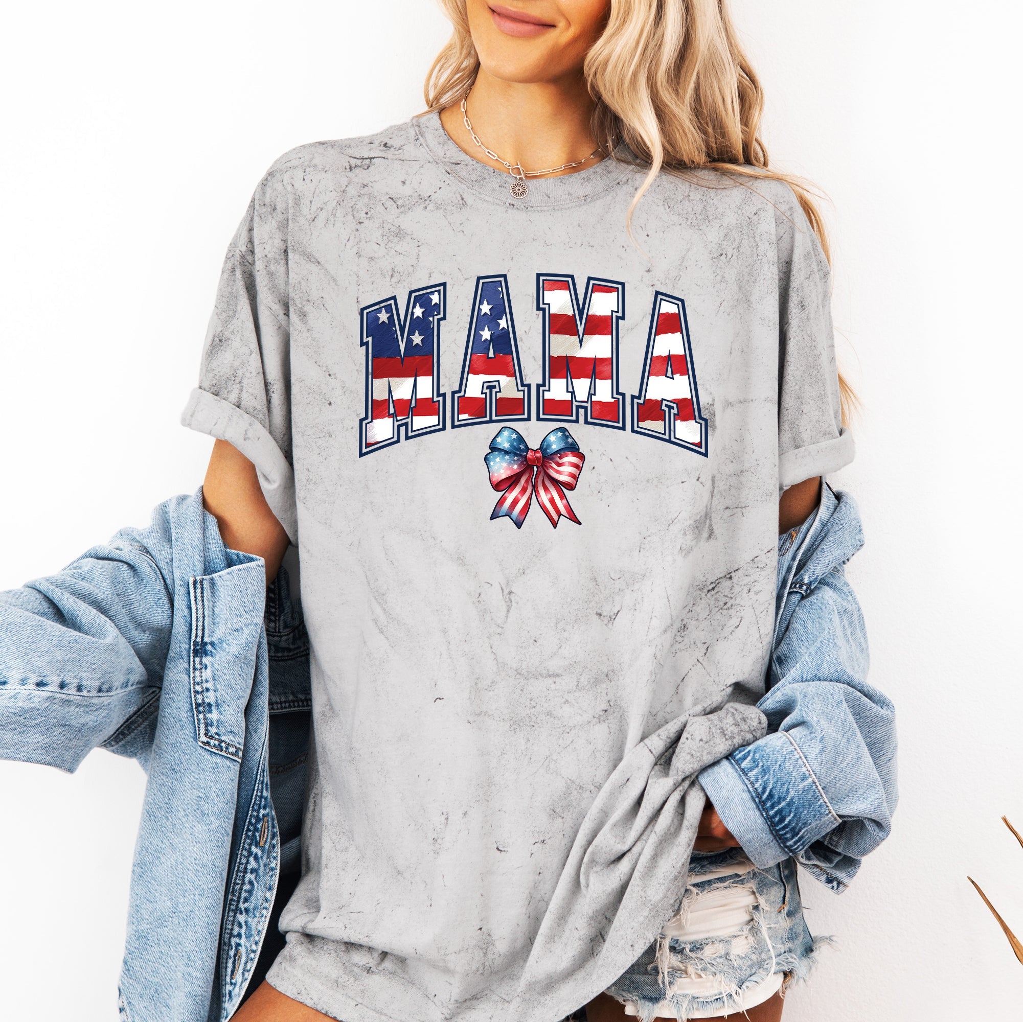 Mama USA Flag Patriotic Varsity Bow Ribbon America Fourth of July Color Blast Comfort Colors Tee