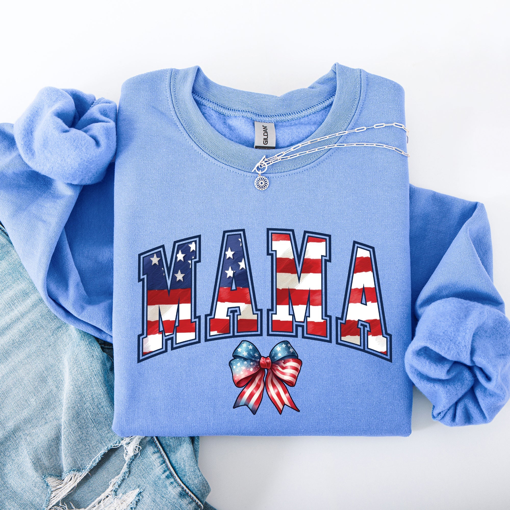Mama USA Flag Patriotic Varsity Bow Ribbon America 4th Of July Americana Pride Sweatshirt