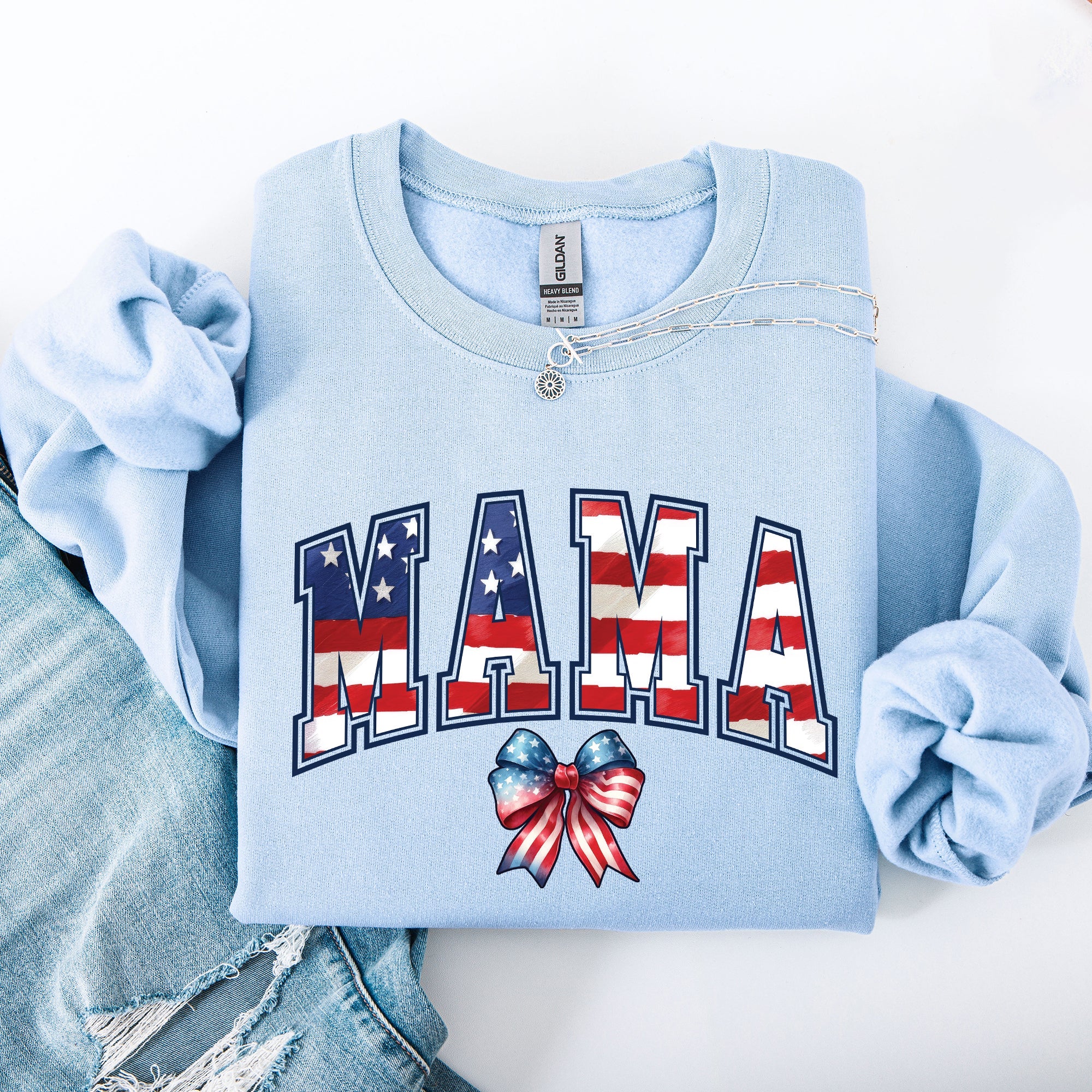 Mama USA Flag Patriotic Varsity Bow Ribbon America 4th Of July Americana Pride Sweatshirt