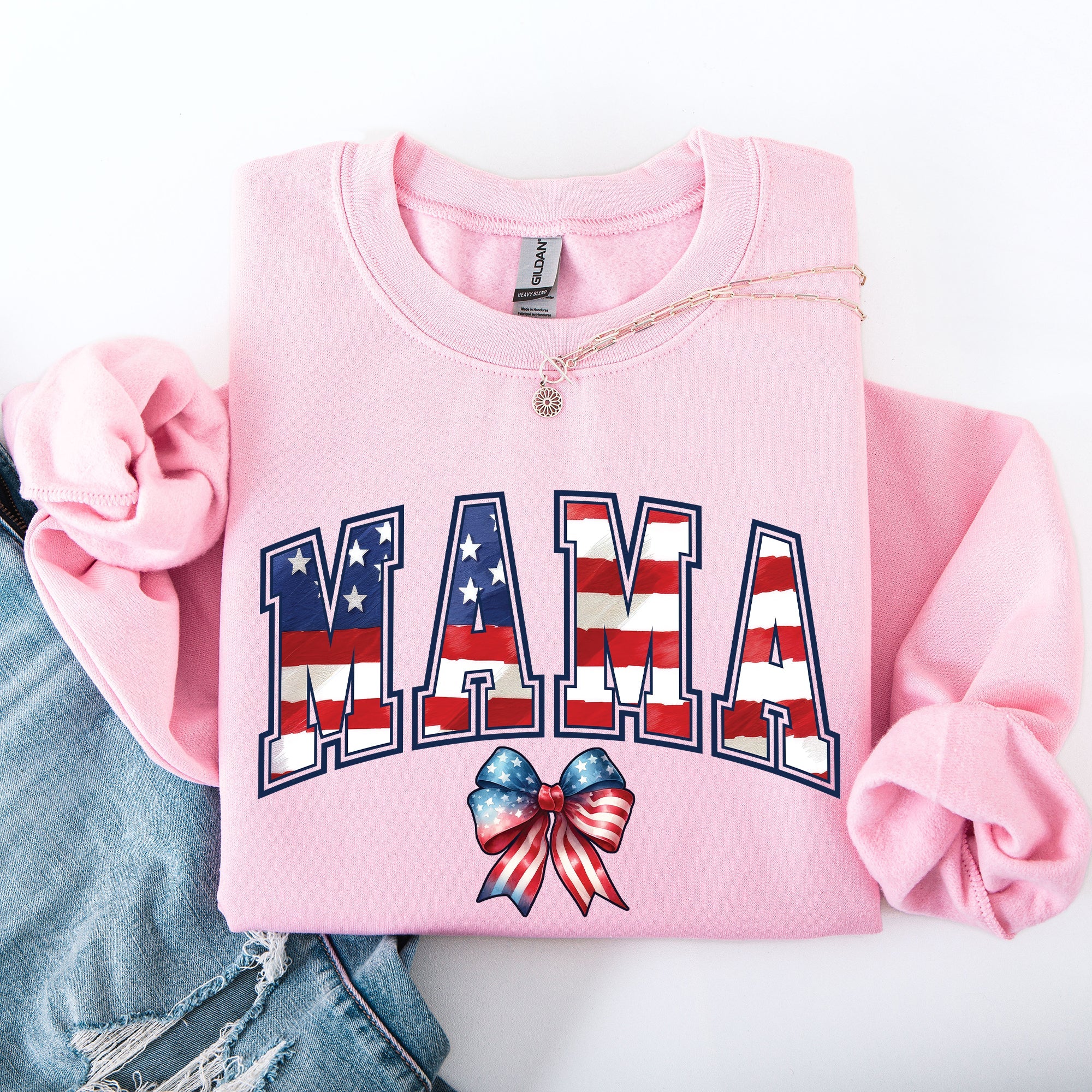 Mama USA Flag Patriotic Varsity Bow Ribbon America 4th Of July Americana Pride Sweatshirt