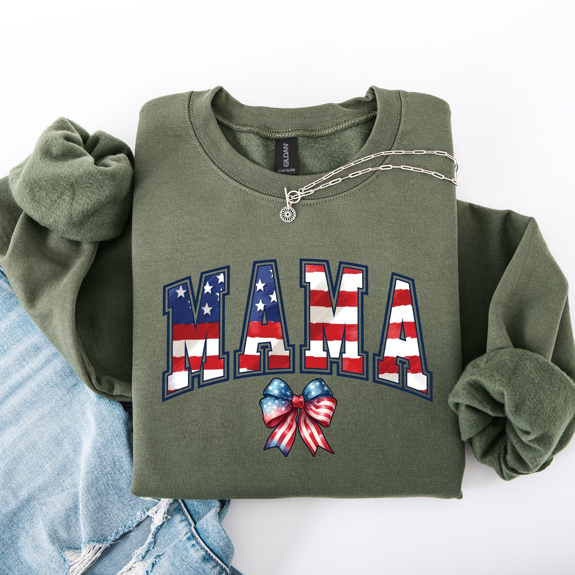 Mama USA Flag Patriotic Varsity Bow Ribbon America 4th Of July Americana Pride Sweatshirt