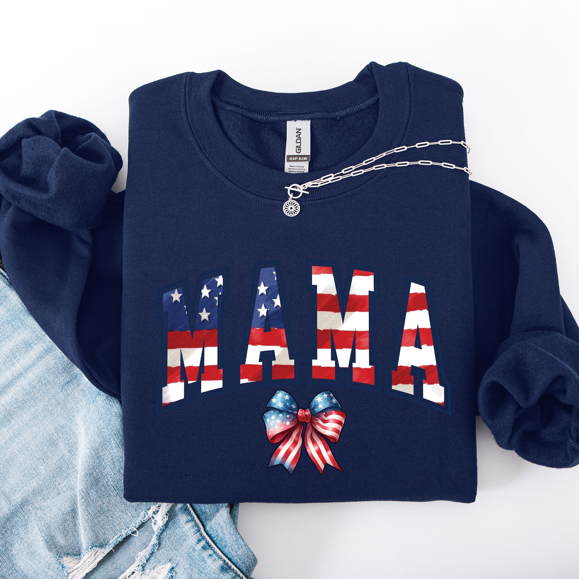 Mama USA Flag Patriotic Varsity Bow Ribbon America 4th Of July Americana Pride Sweatshirt