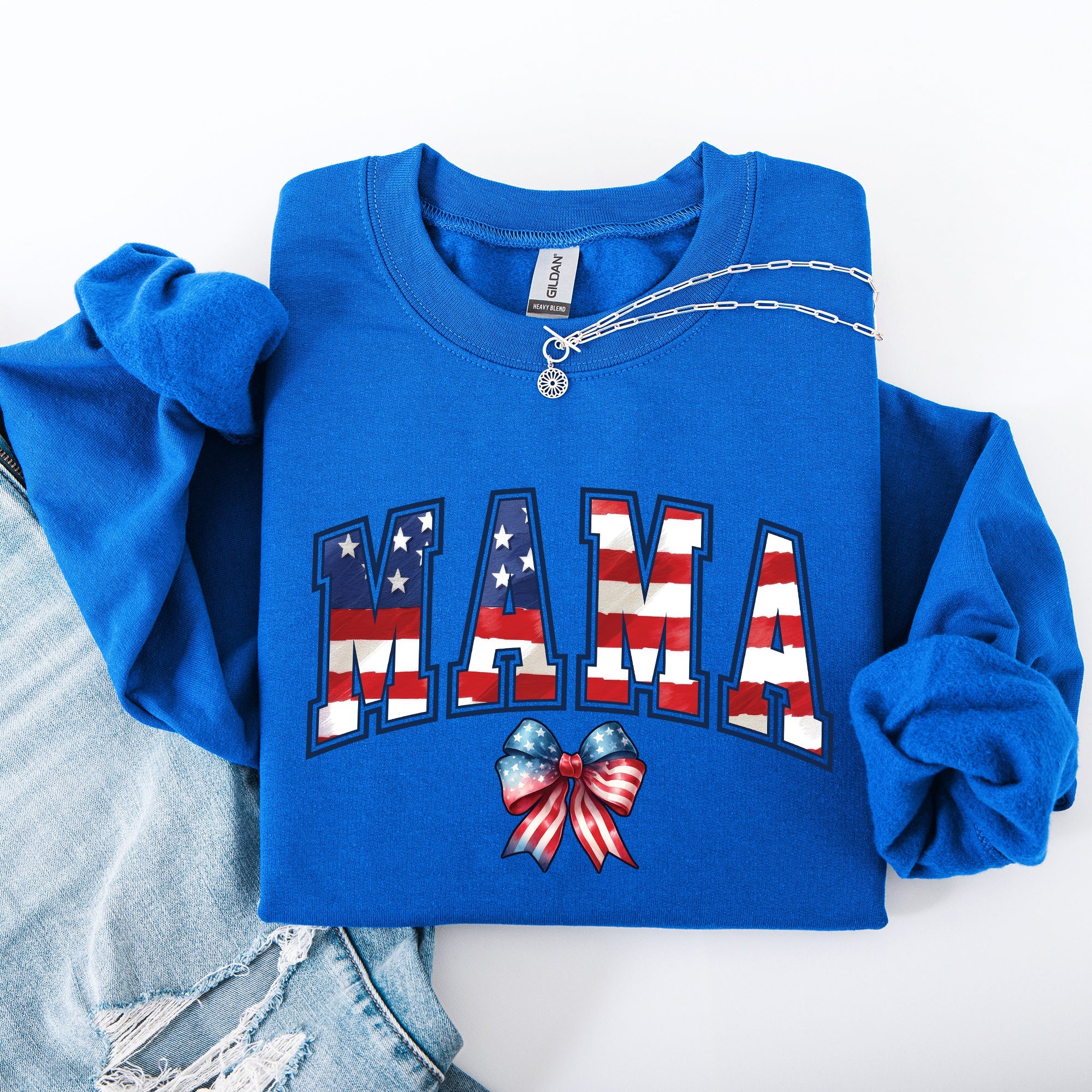 Mama USA Flag Patriotic Varsity Bow Ribbon America 4th Of July Americana Pride Sweatshirt