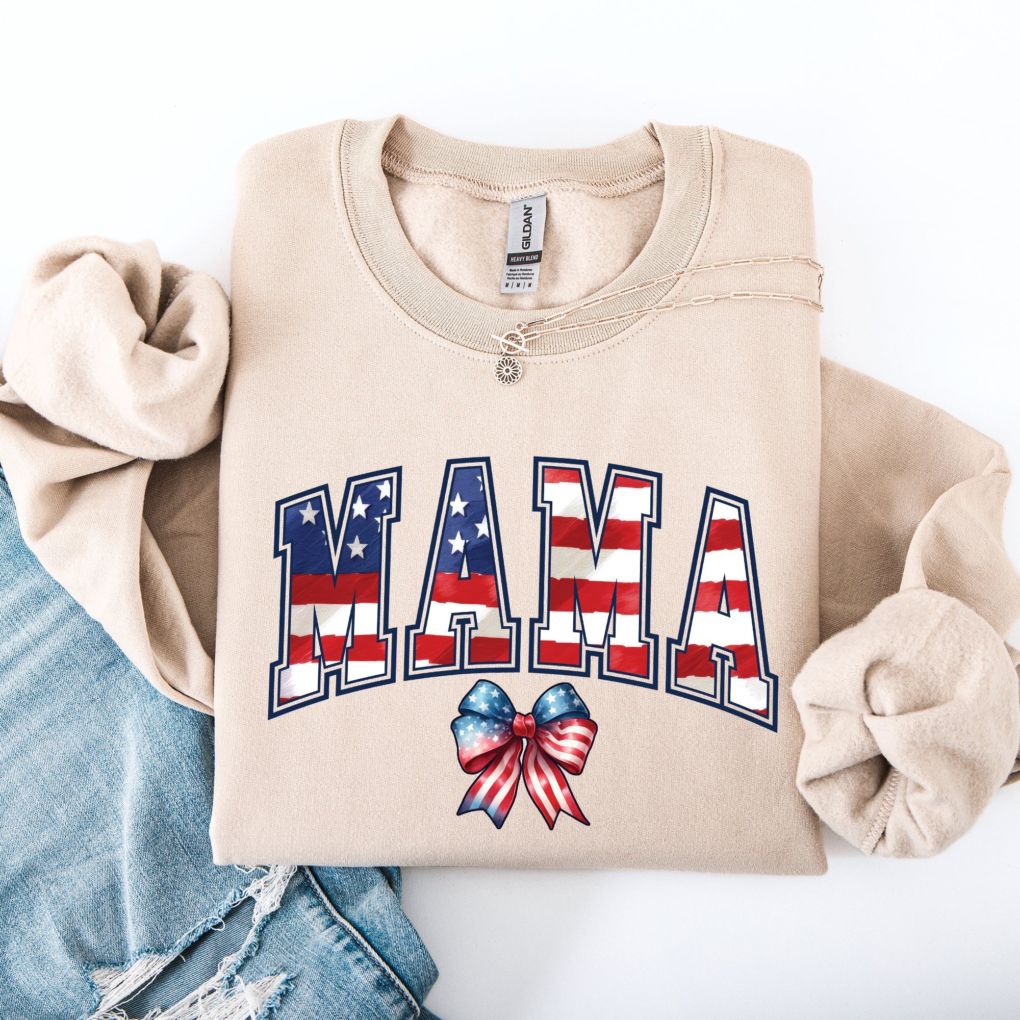 Mama USA Flag Patriotic Varsity Bow Ribbon America 4th Of July Americana Pride Sweatshirt
