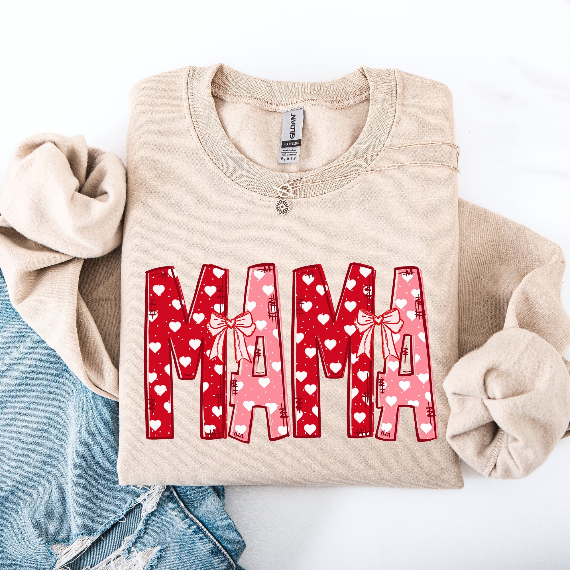 Mama Valentine's Day Ribbons Hearts Love Cozy Elegant Classic Fit Statement Sweatshirt