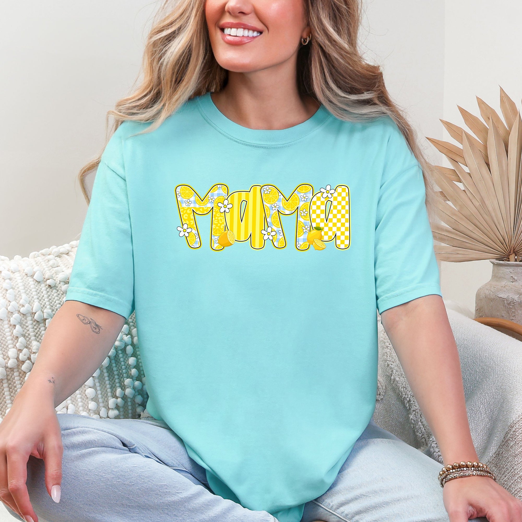 Mama Yellow Checkered Flowers Retro Vintage Floral Pattern Modern Nostalgia Comfort Colors Tee