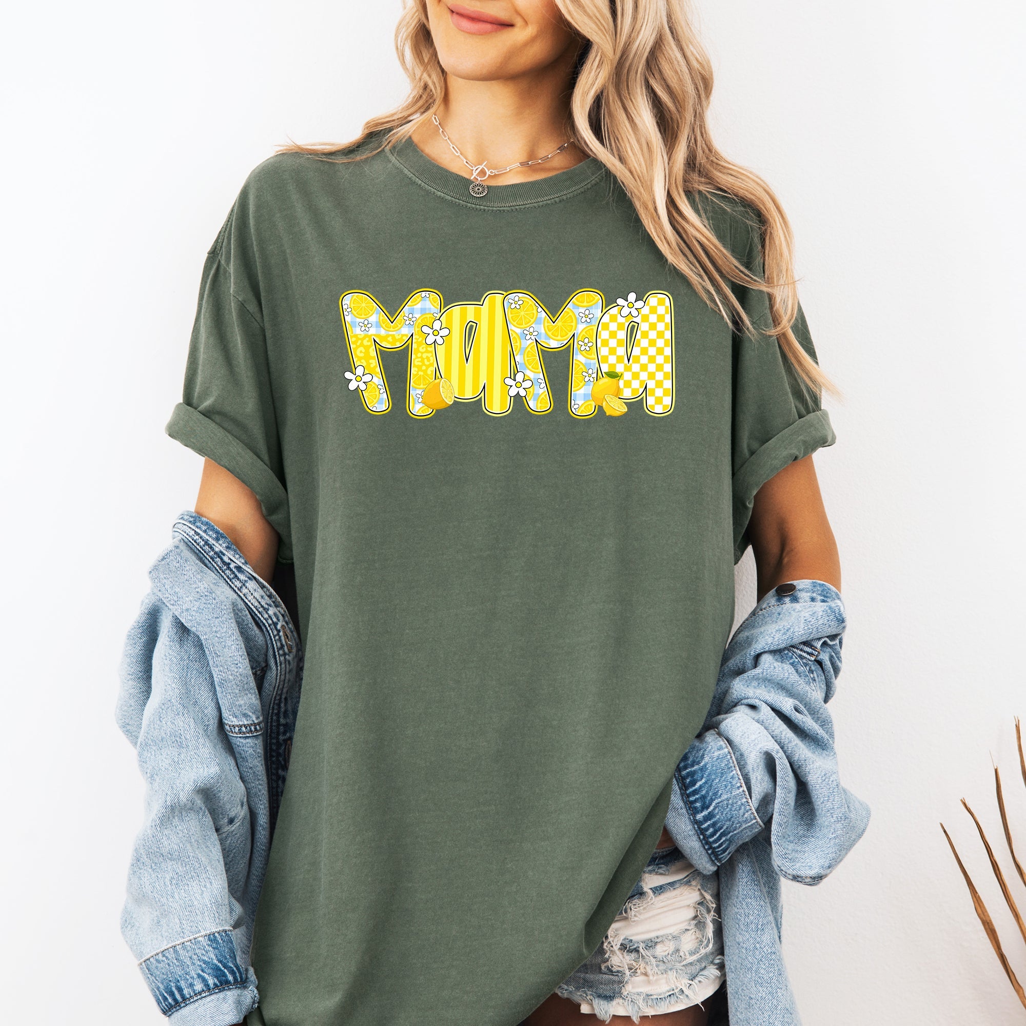Mama Yellow Checkered Flowers Retro Vintage Floral Pattern Modern Nostalgia Comfort Colors Tee