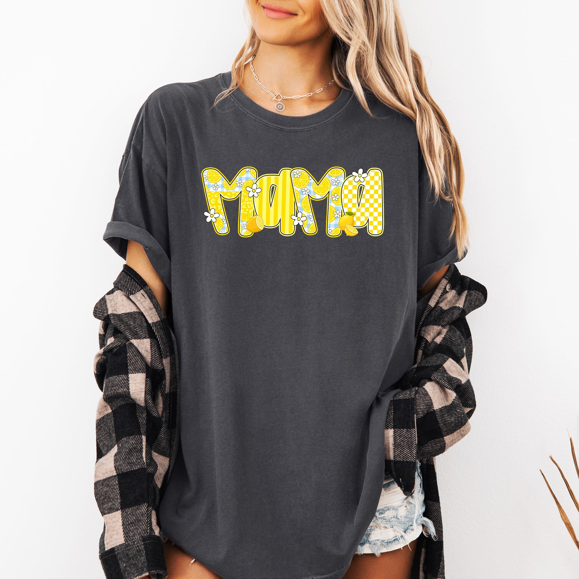 Mama Yellow Checkered Flowers Retro Vintage Floral Pattern Modern Nostalgia Comfort Colors Tee