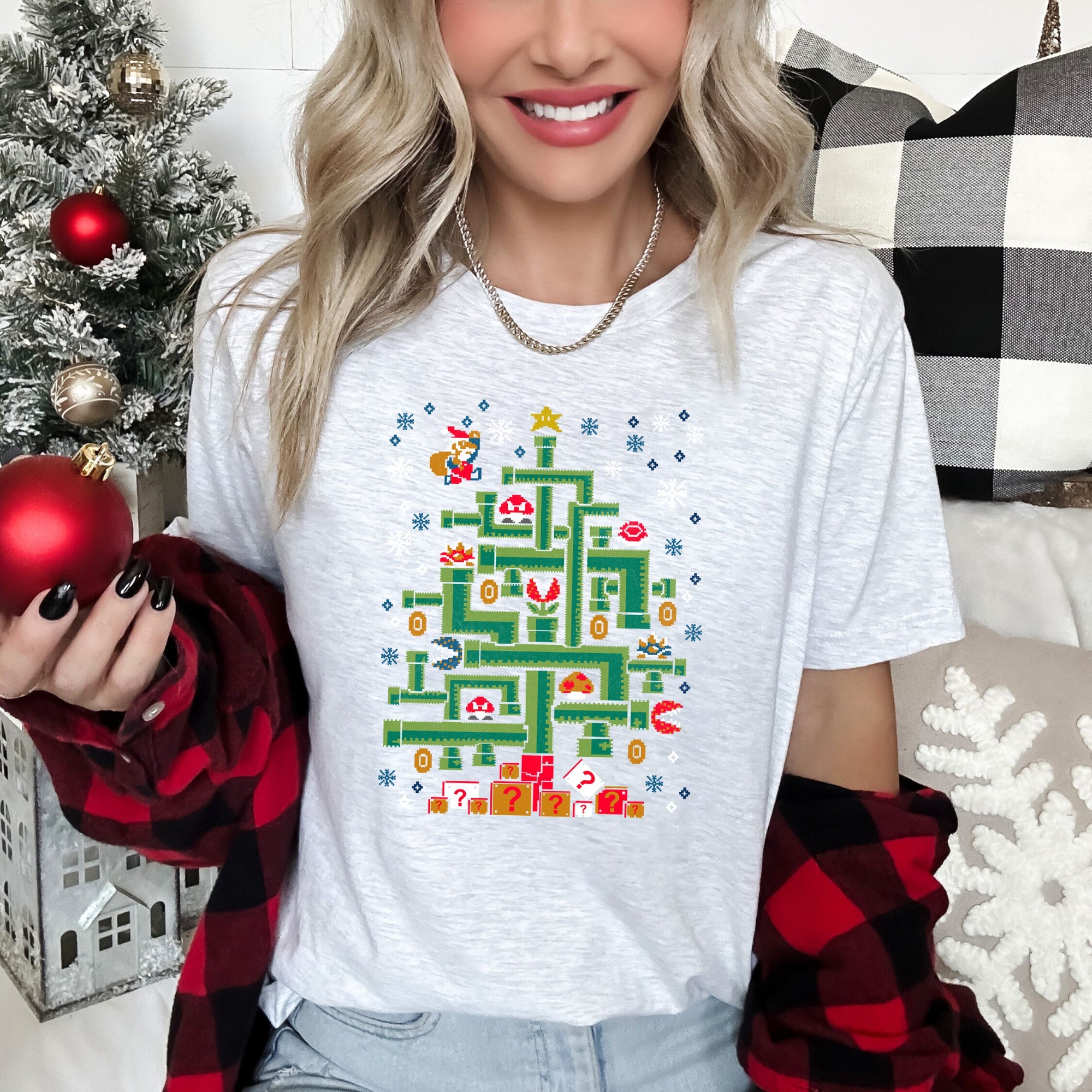 Mario Christmas Retro Classic Video Game Pop Culture Icon Nostalgic Pixel Art Graphic Tee