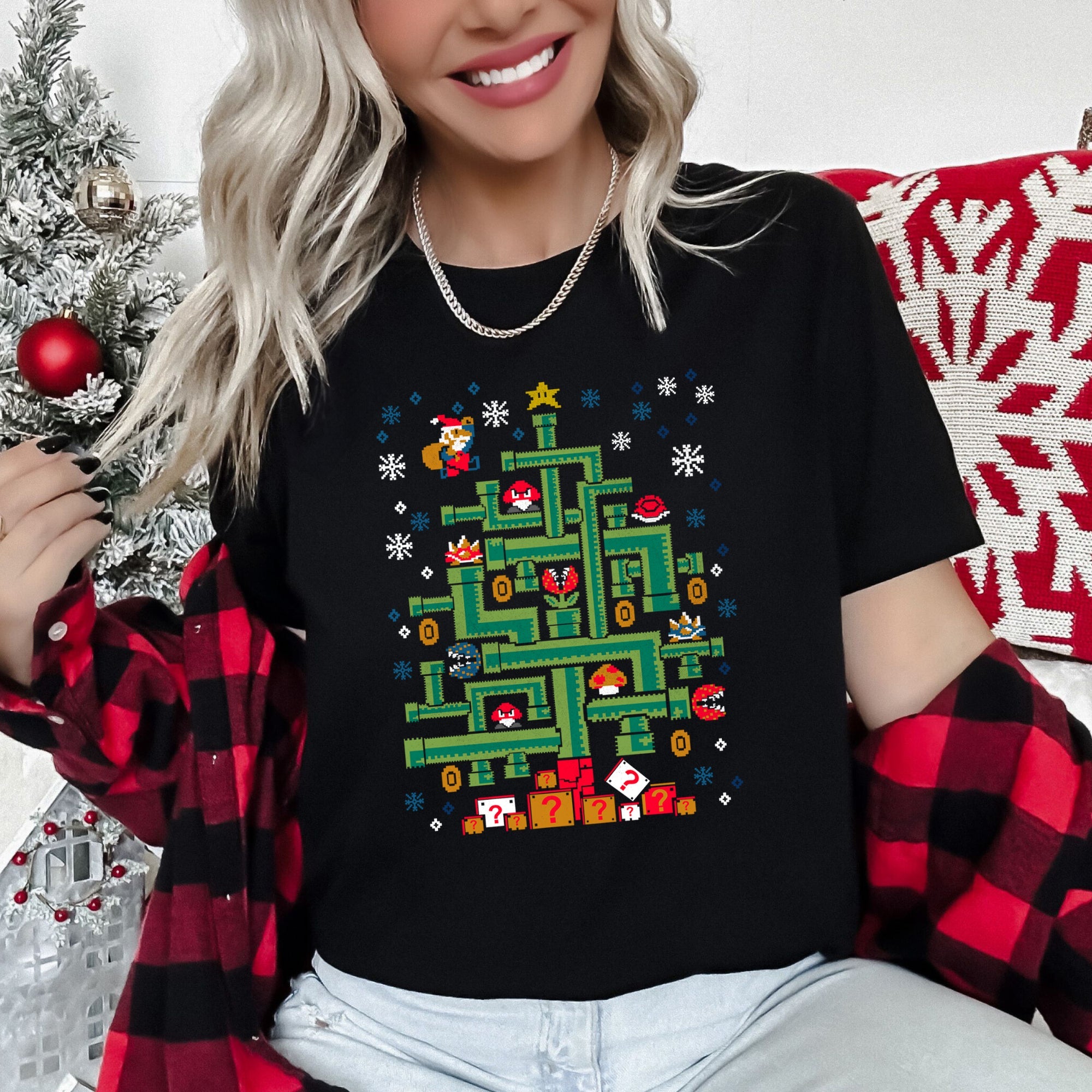 Mario Christmas Retro Classic Video Game Pop Culture Icon Nostalgic Pixel Art Graphic Tee