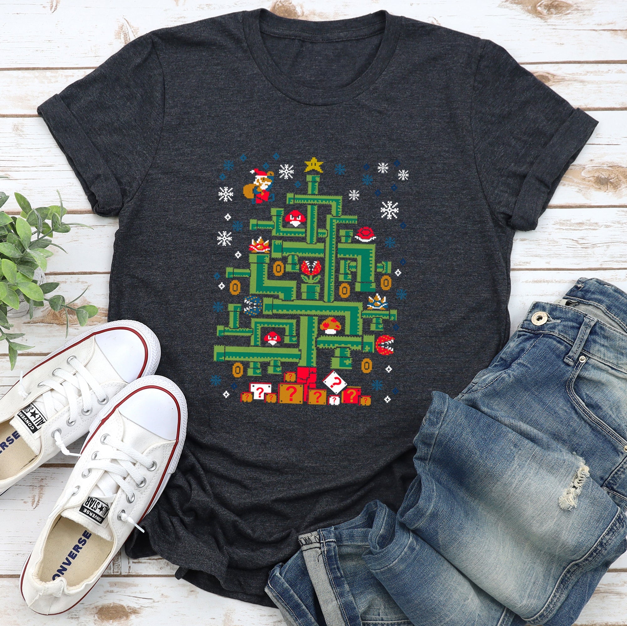 Mario Christmas Retro Classic Video Game Pop Culture Icon Nostalgic Pixel Art Graphic Tee