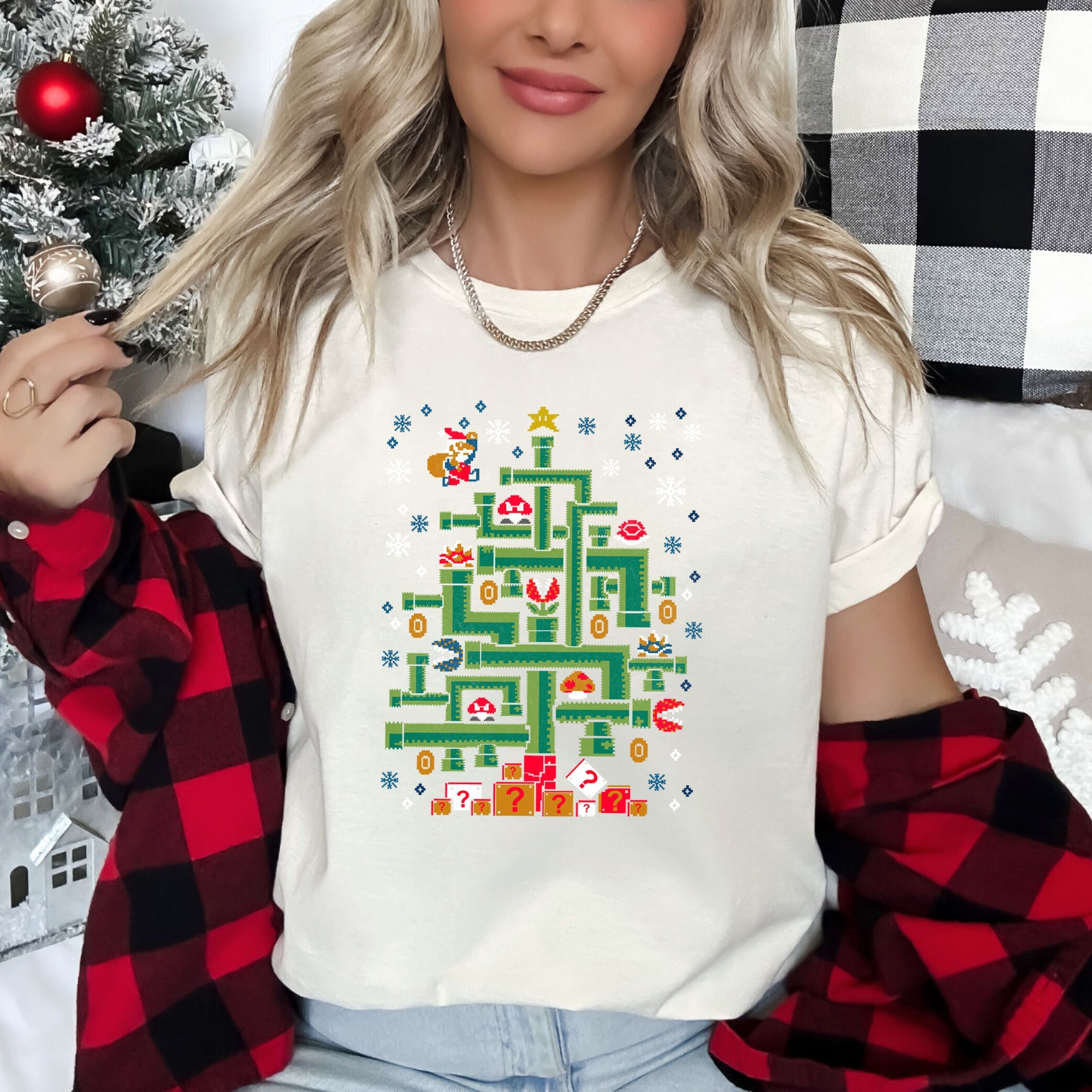 Mario Christmas Retro Classic Video Game Pop Culture Icon Nostalgic Pixel Art Graphic Tee
