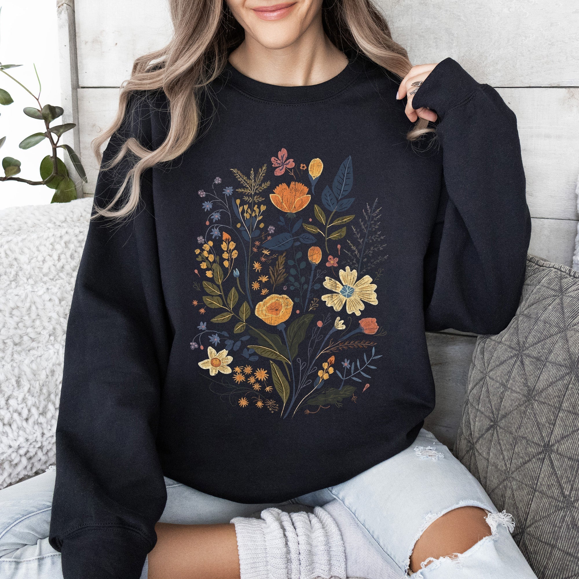 Meadow Magic Soft Floral Print Delicate Blossoms On Cozy Knit Vintage Inspired Everyday Wear Sweatshirt
