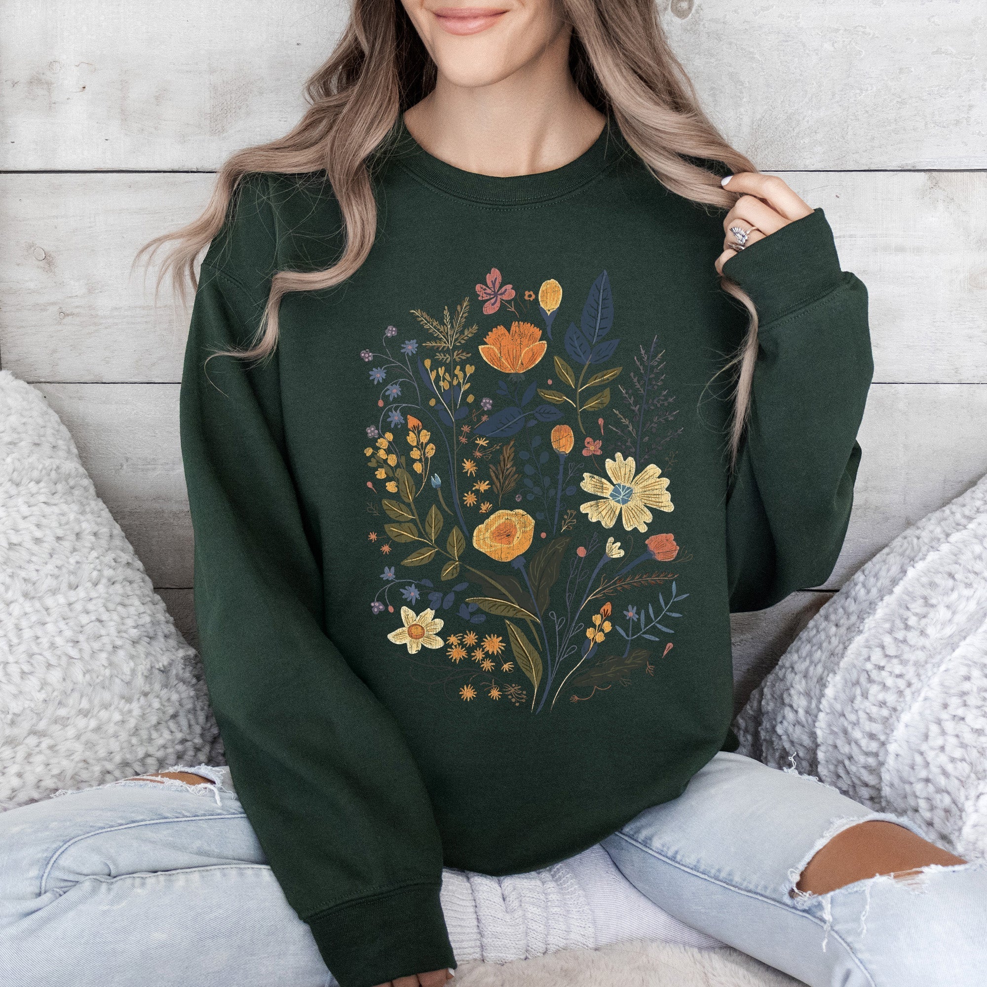 Meadow Magic Soft Floral Print Delicate Blossoms On Cozy Knit Vintage Inspired Everyday Wear Sweatshirt