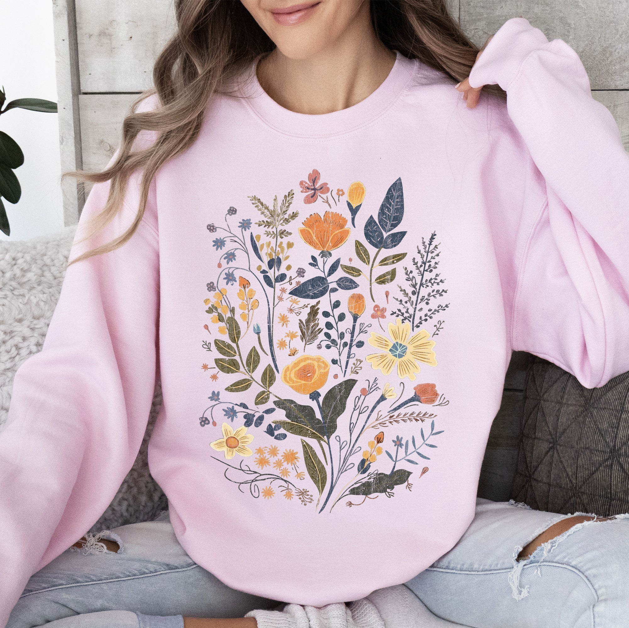 Meadow Magic Soft Floral Print Delicate Blossoms On Cozy Knit Vintage Inspired Everyday Wear Sweatshirt