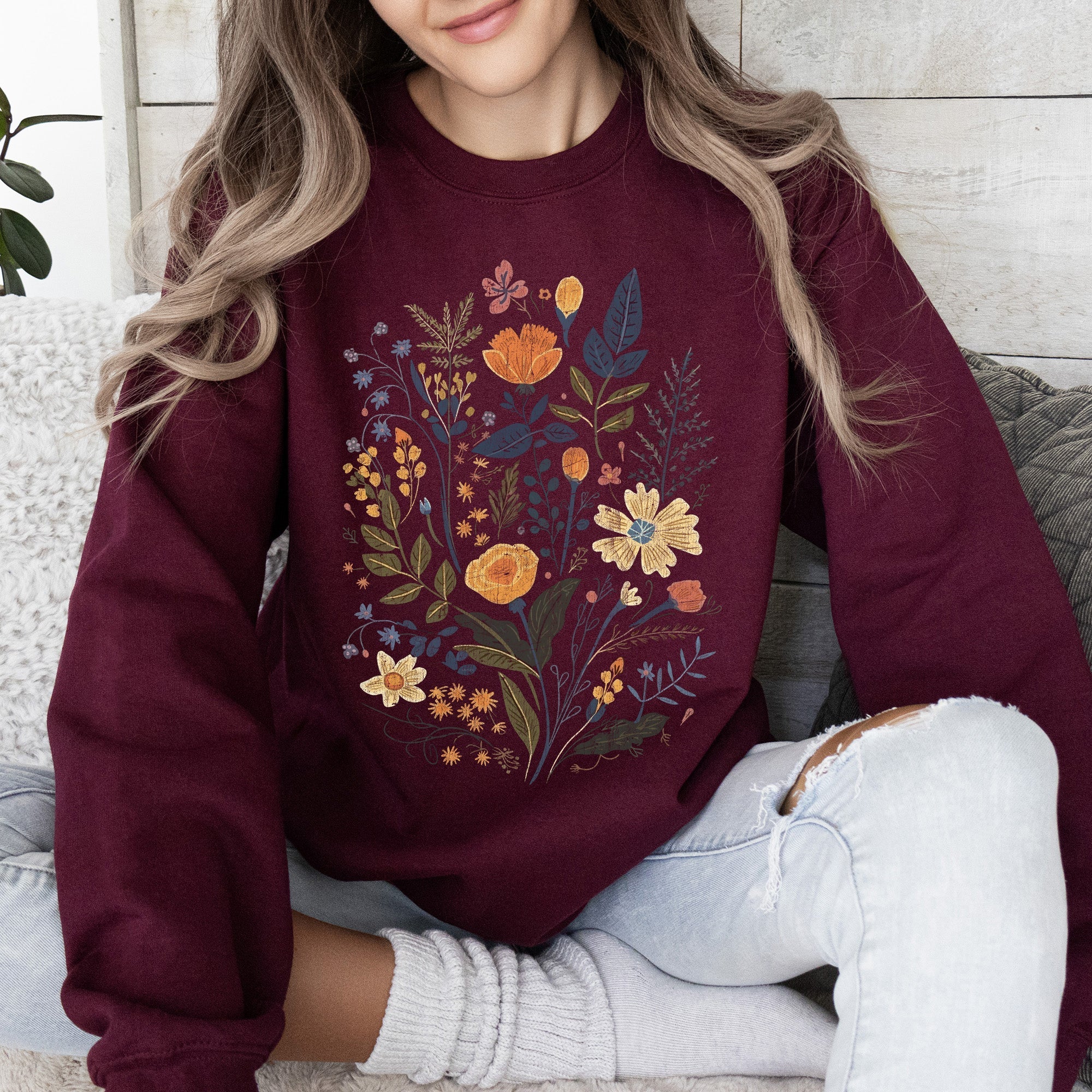 Meadow Magic Soft Floral Print Delicate Blossoms On Cozy Knit Vintage Inspired Everyday Wear Sweatshirt