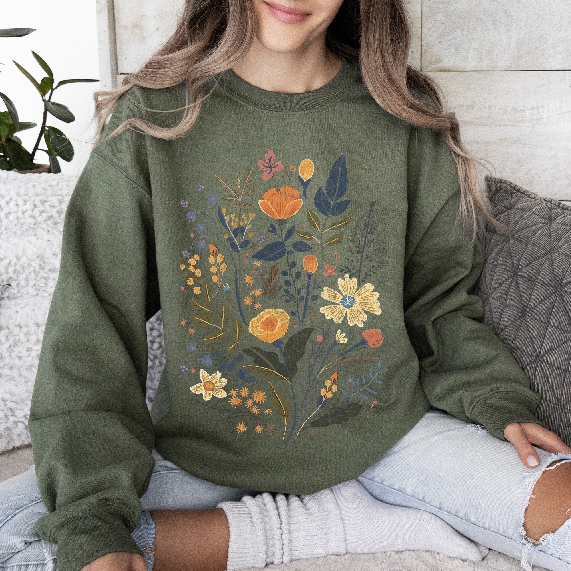 Meadow Magic Soft Floral Print Delicate Blossoms On Cozy Knit Vintage Inspired Everyday Wear Sweatshirt