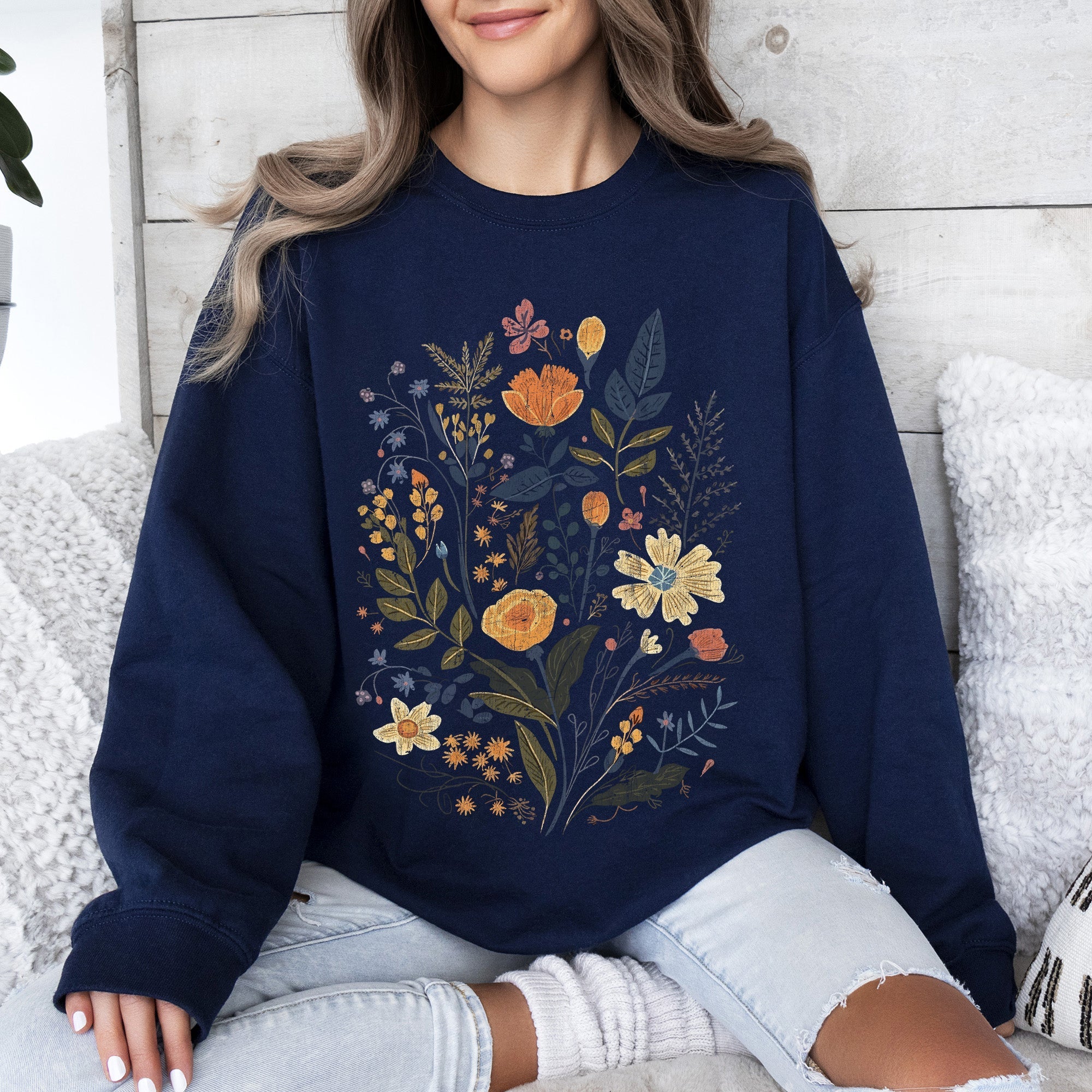 Meadow Magic Soft Floral Print Delicate Blossoms On Cozy Knit Vintage Inspired Everyday Wear Sweatshirt