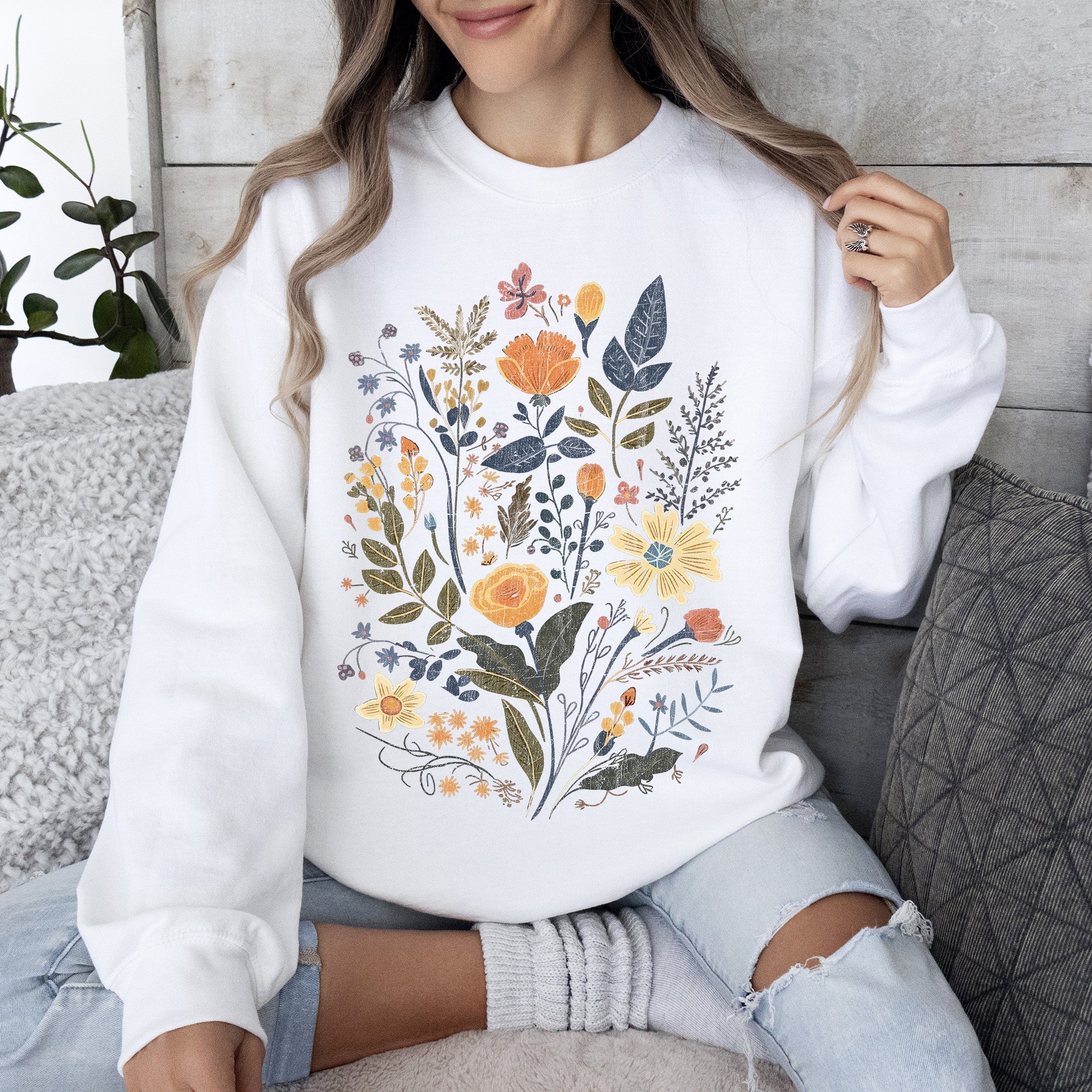 Meadow Magic Soft Floral Print Delicate Blossoms On Cozy Knit Vintage Inspired Everyday Wear Sweatshirt