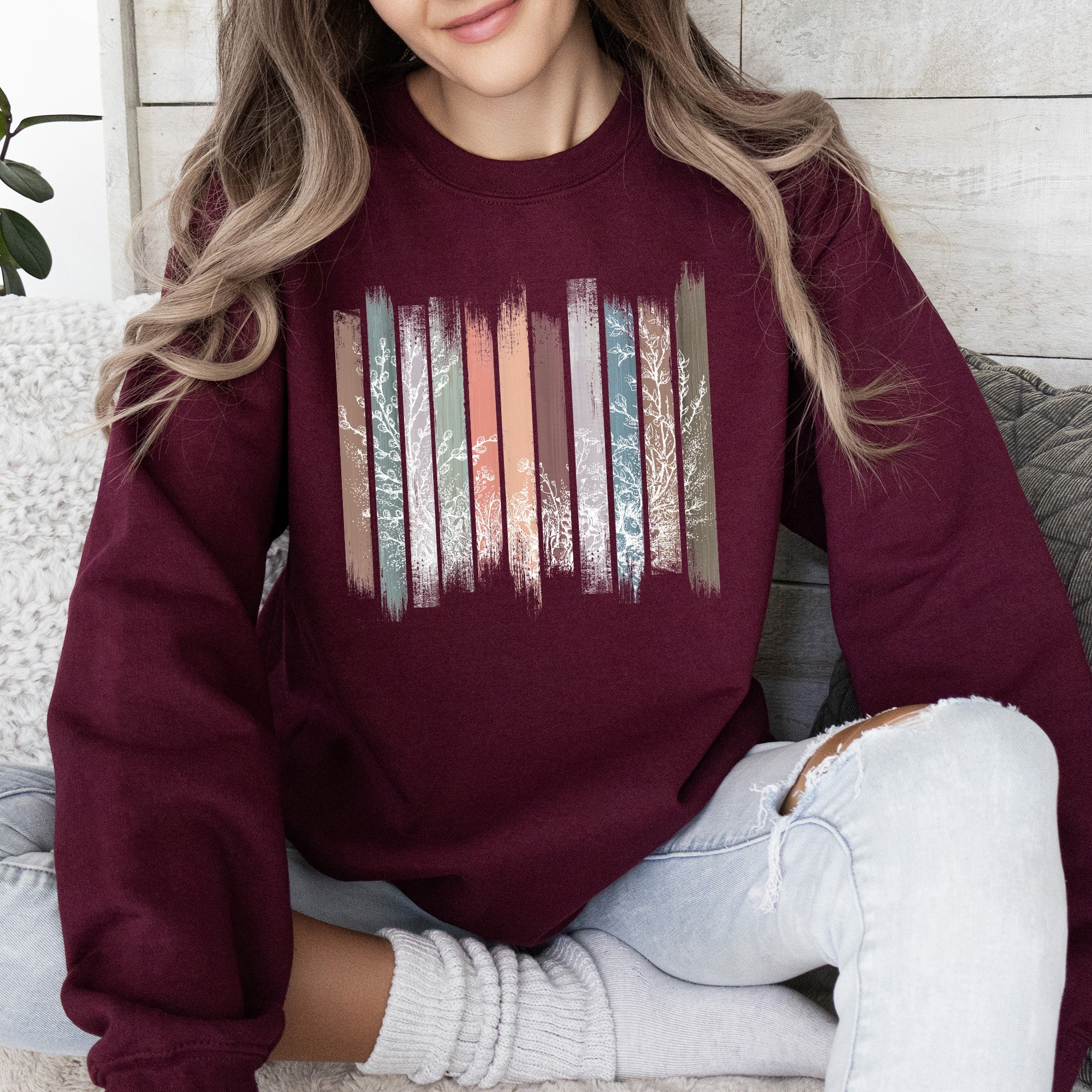 Meadow Vines And Flowers In Nature Botanical Stripes Garden Meadow Bloom Pastoral Scene Sweatshirt