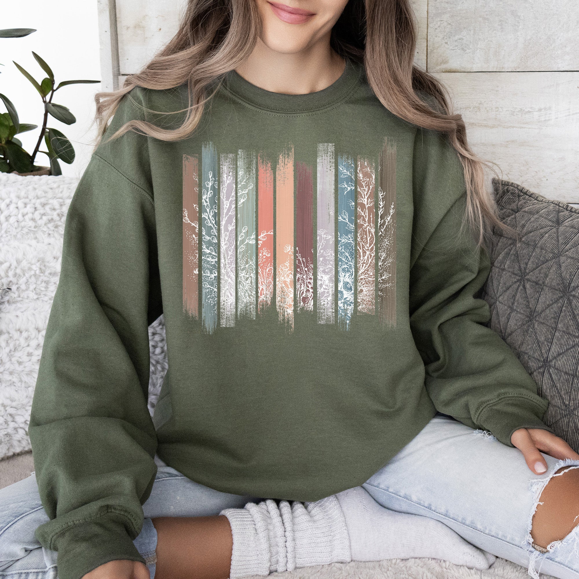 Meadow Vines And Flowers In Nature Botanical Stripes Garden Meadow Bloom Pastoral Scene Sweatshirt