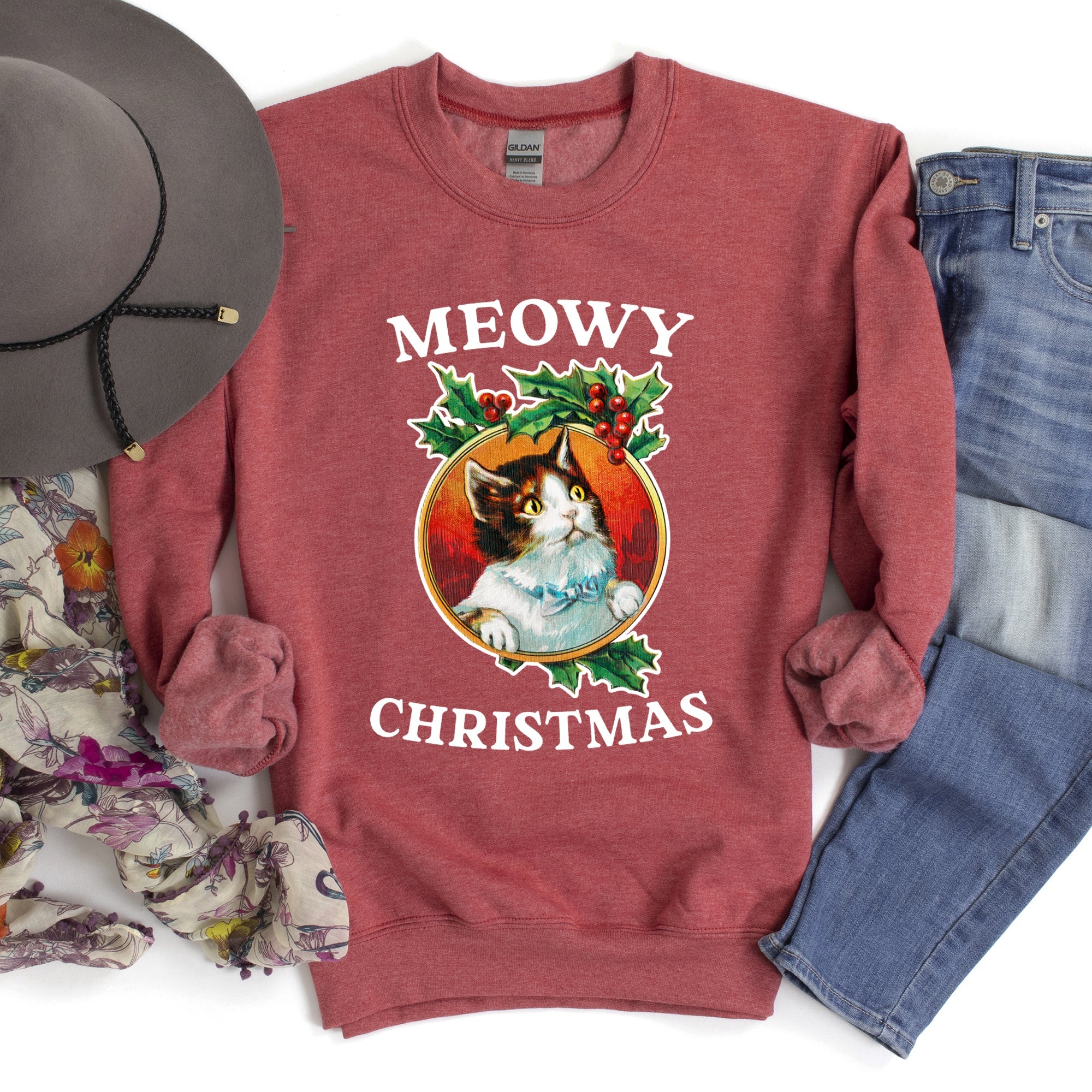 Premium Meowy Christmas Retro Cat Festive Feline Nostalgia Holiday Design Sweatshirt