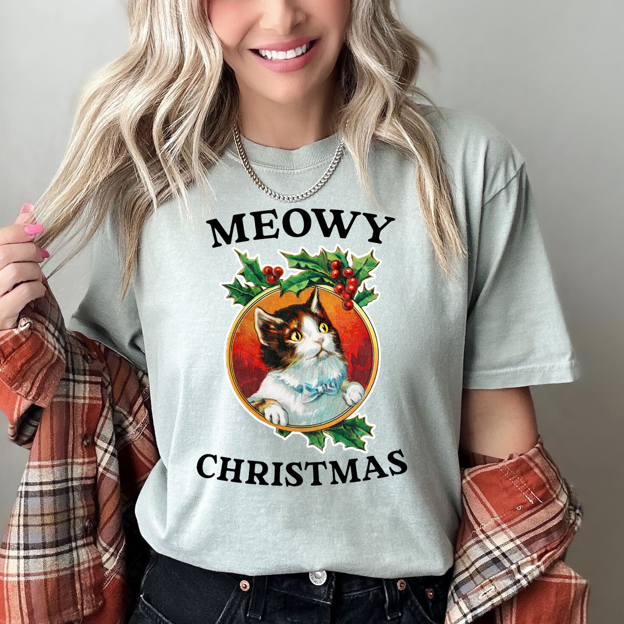 Meowy Christmas Retro Cat Holiday Meme Vintage Vibe Graphic Design Comfort Colors Tee