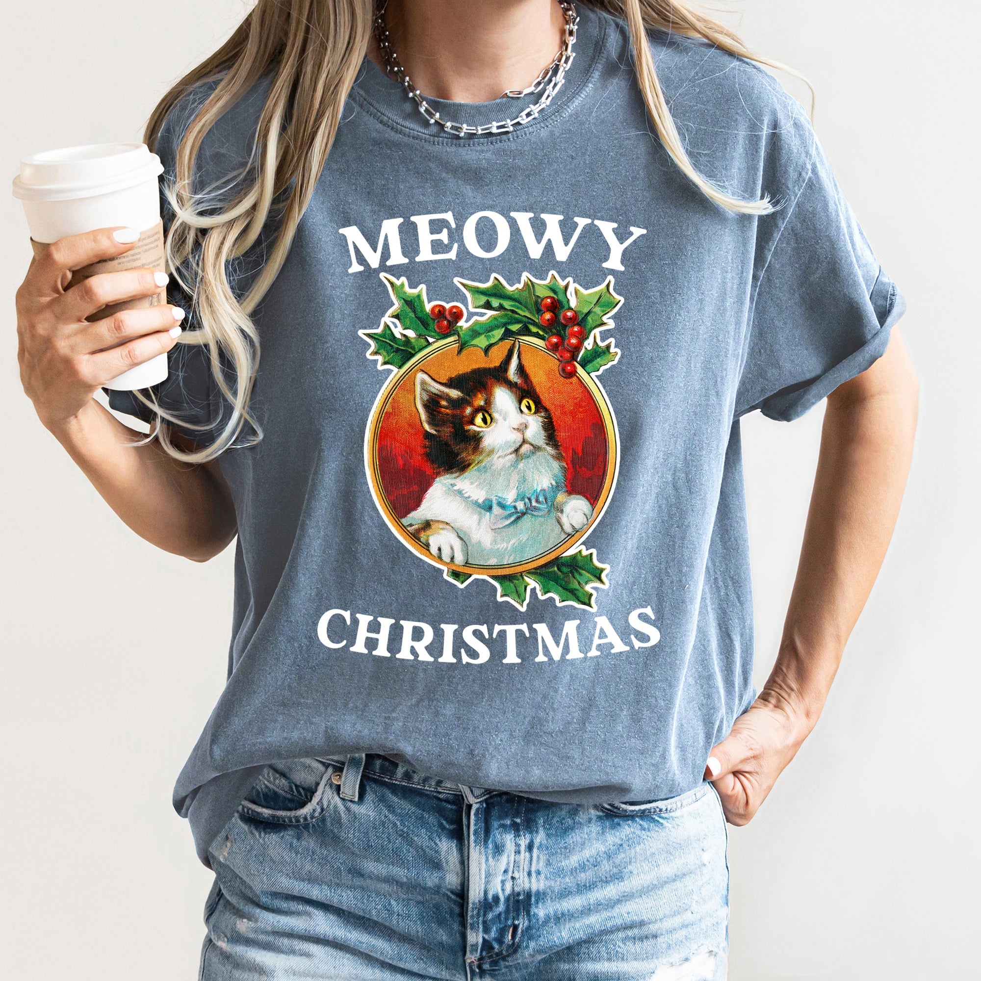 Meowy Christmas Retro Cat Holiday Meme Vintage Vibe Graphic Design Comfort Colors Tee