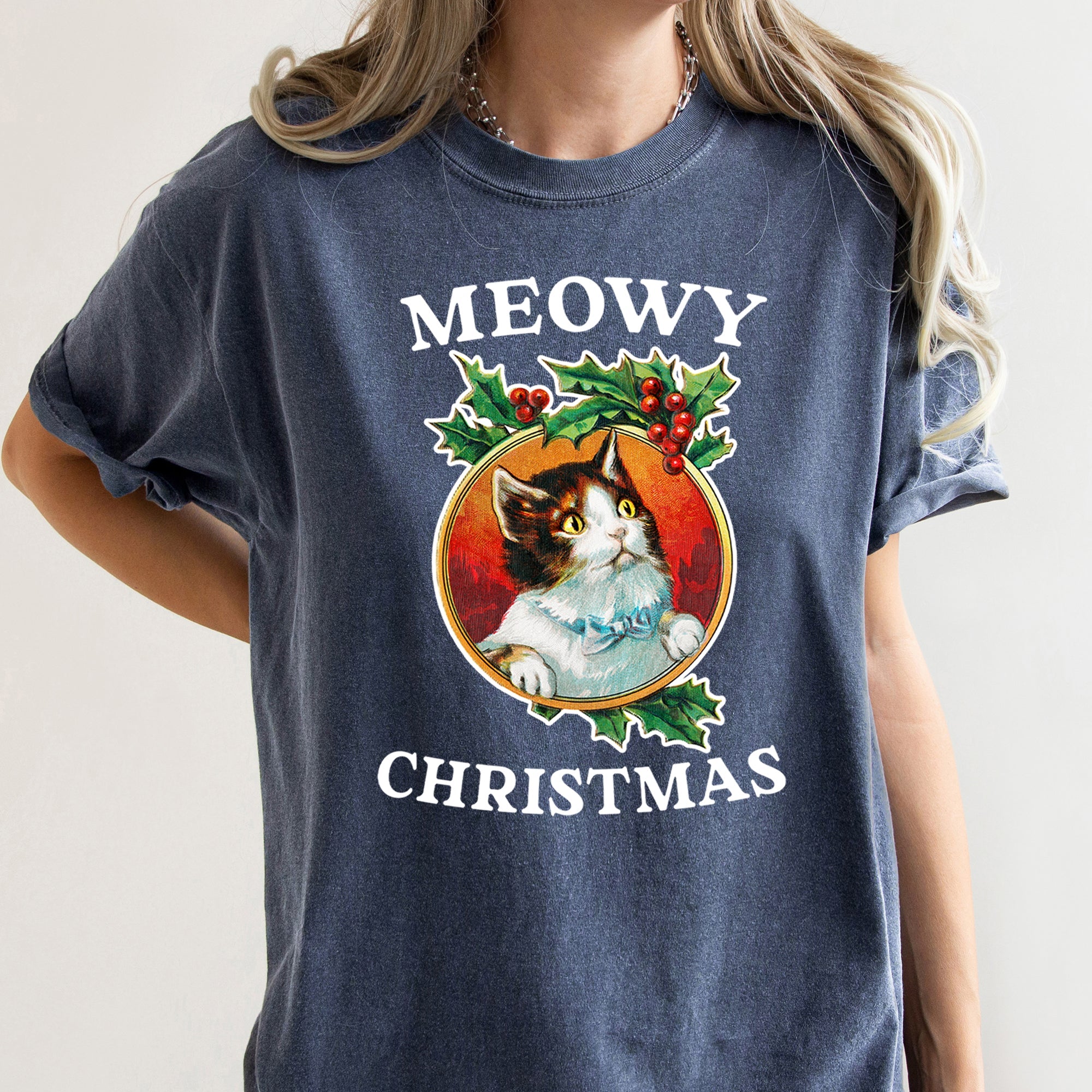 Meowy Christmas Retro Cat Holiday Meme Vintage Vibe Graphic Design Comfort Colors Tee