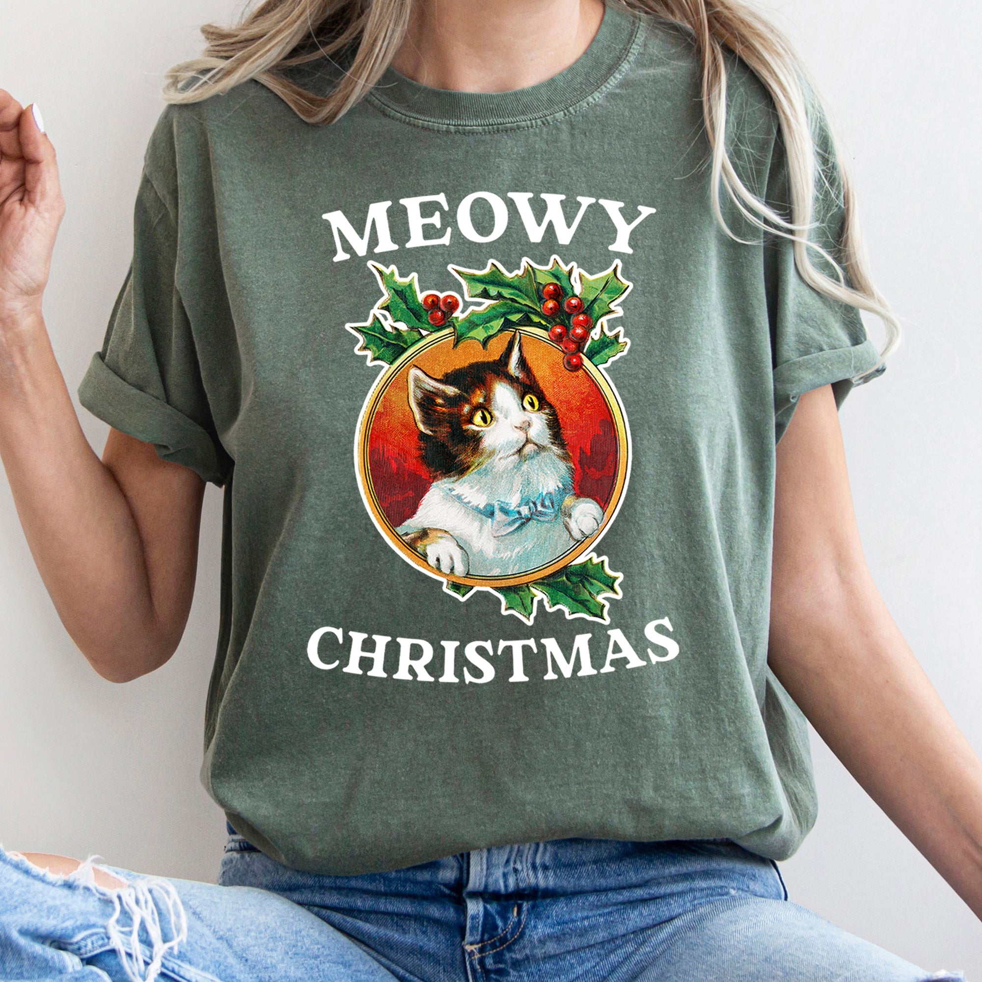 Meowy Christmas Retro Cat Holiday Meme Vintage Vibe Graphic Design Comfort Colors Tee