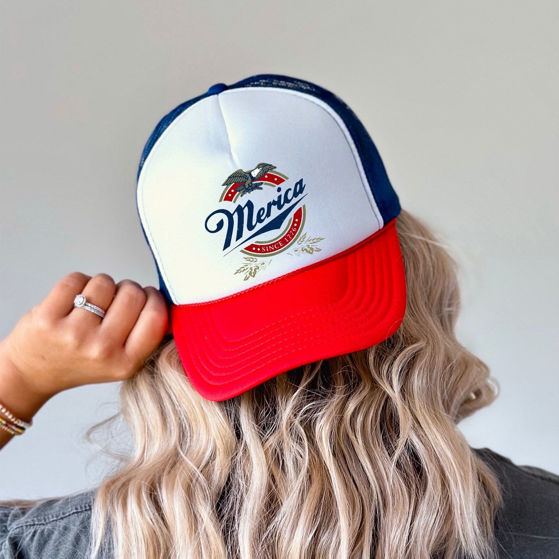 Merica Beer Patriotic American Flag Edition Vintage Distressed Graphic Trucker Hat