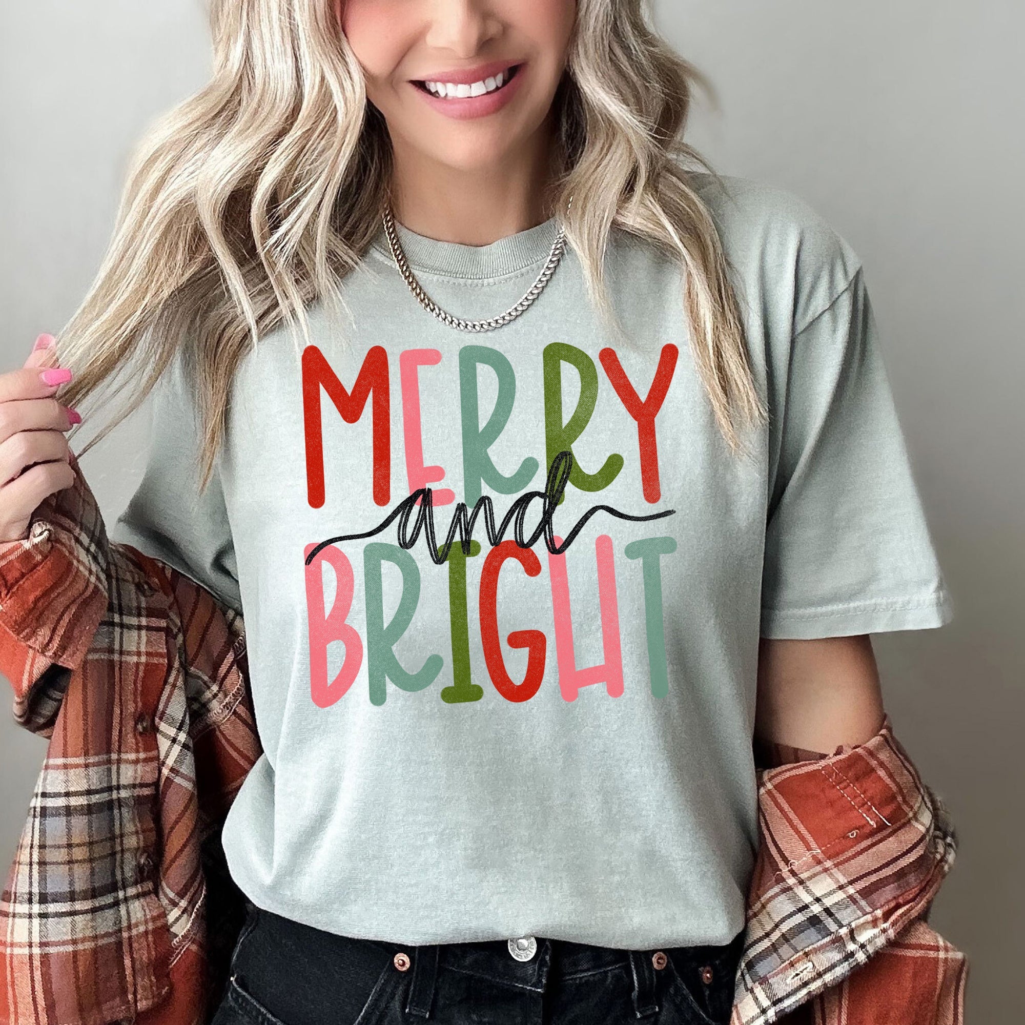 Merry And Bright Retro Text Christmas Vintage Holiday Greeting Comfort Colors Tee