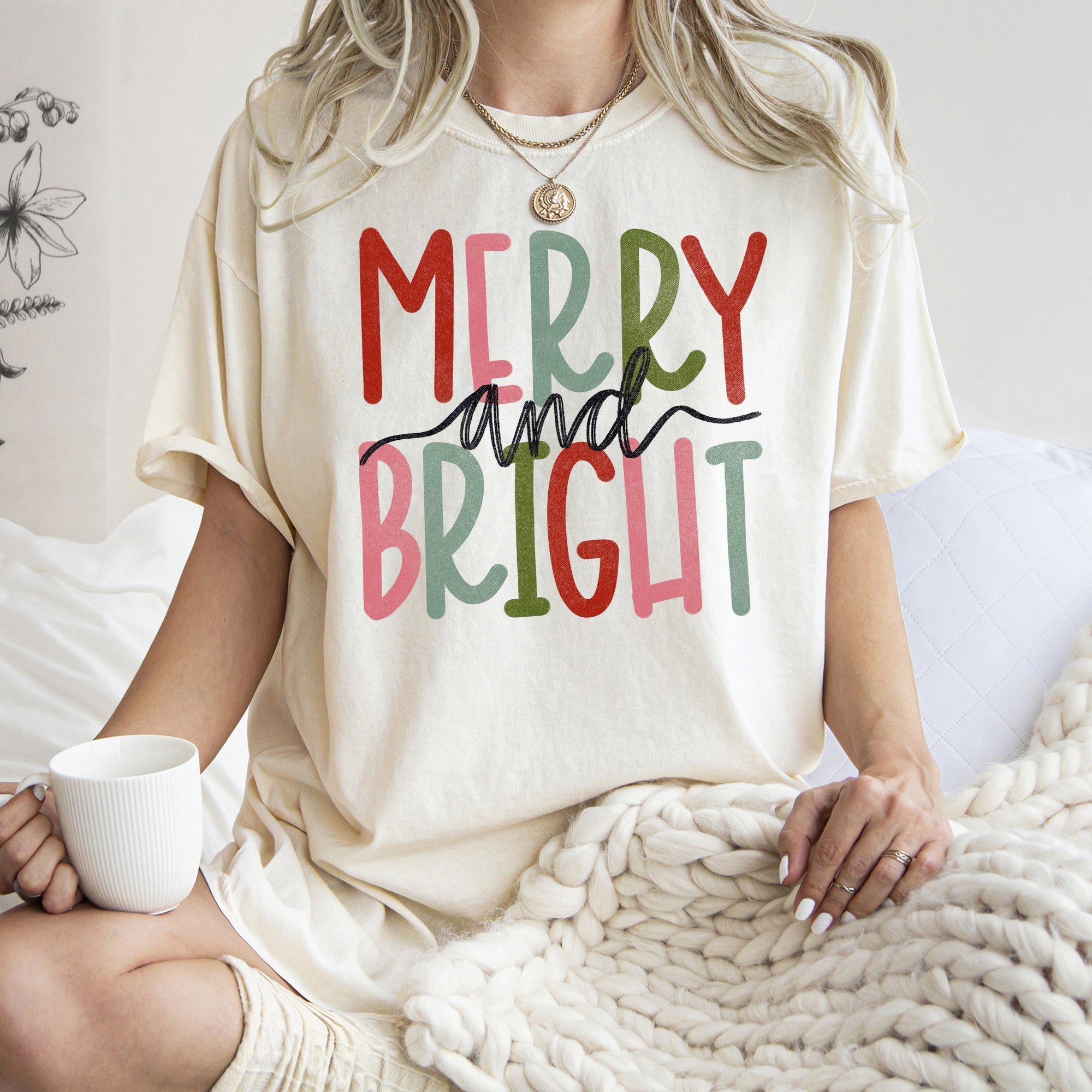 Merry And Bright Retro Text Christmas Vintage Holiday Greeting Comfort Colors Tee