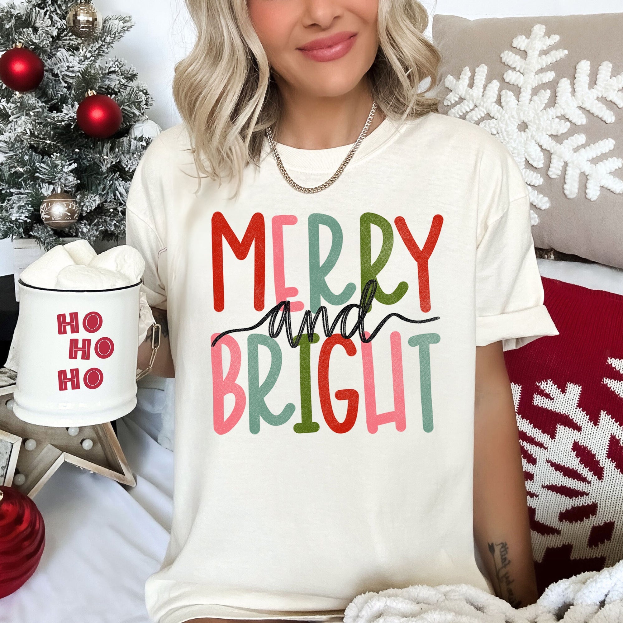 Merry And Bright Retro Text Christmas Vintage Holiday Greeting Comfort Colors Tee