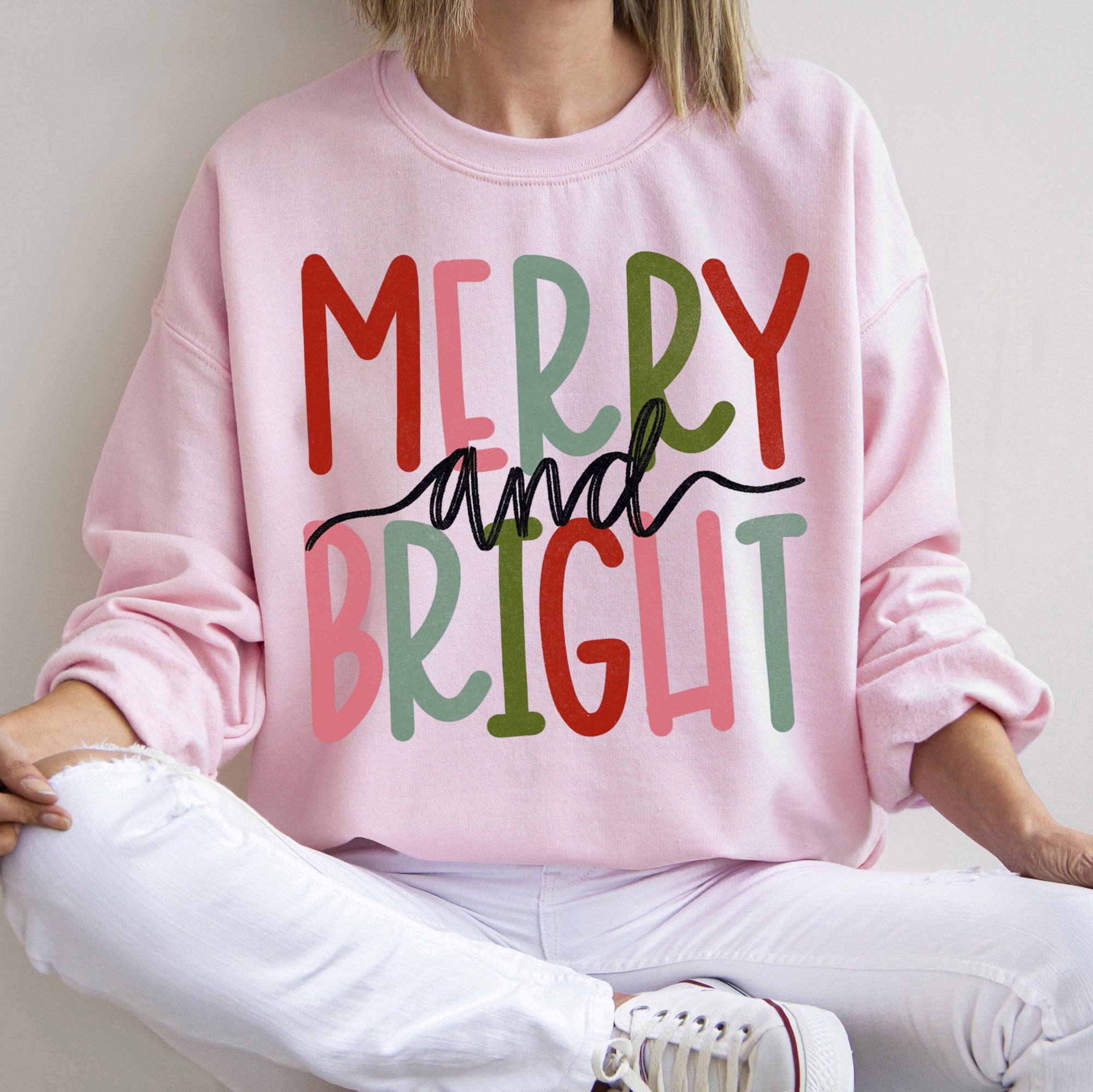 Merry And Bright Retro Text Christmas Cheer Cozy Holiday Print Seasonal Sweatshirt