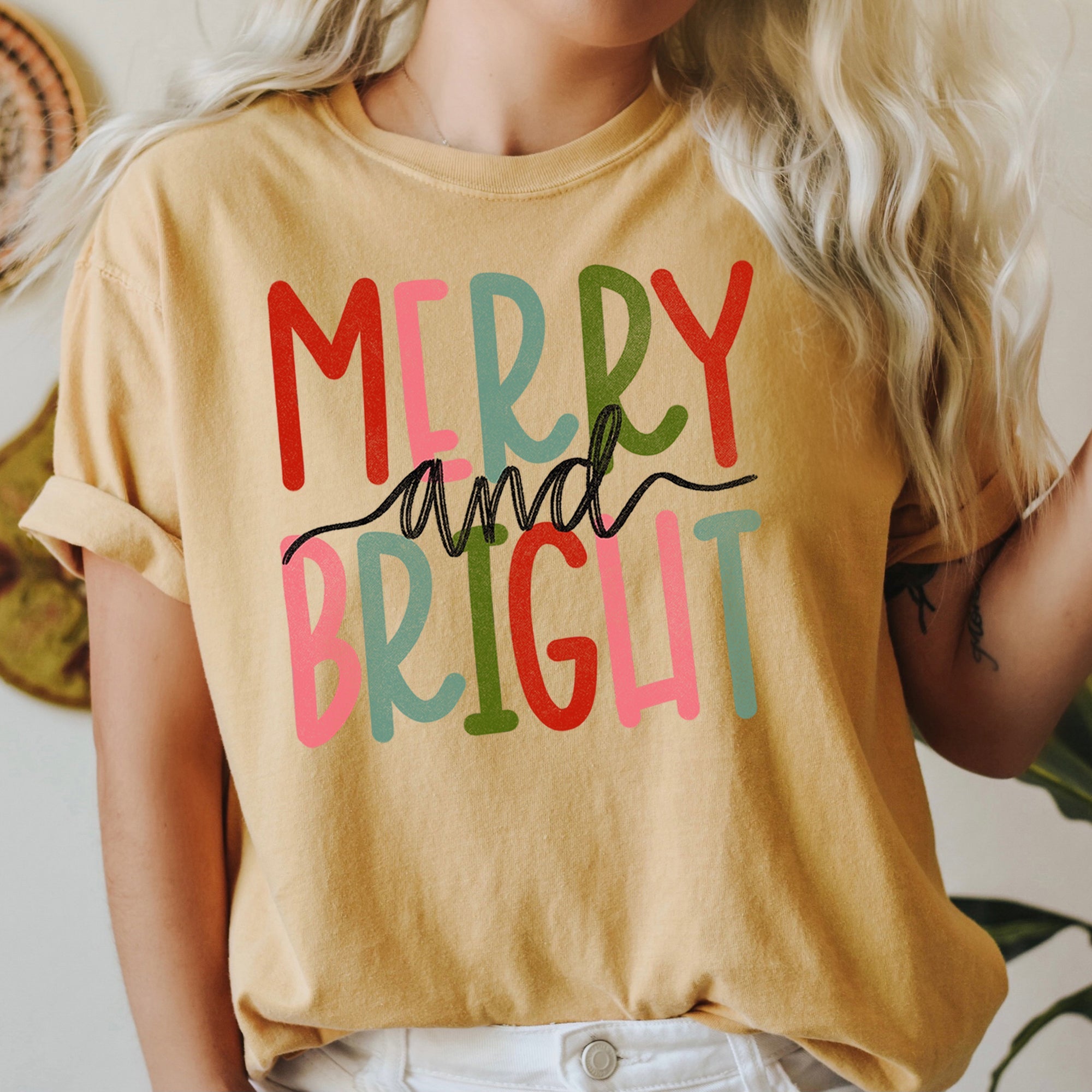 Merry And Bright Retro Text Christmas Vintage Holiday Greeting Comfort Colors Tee
