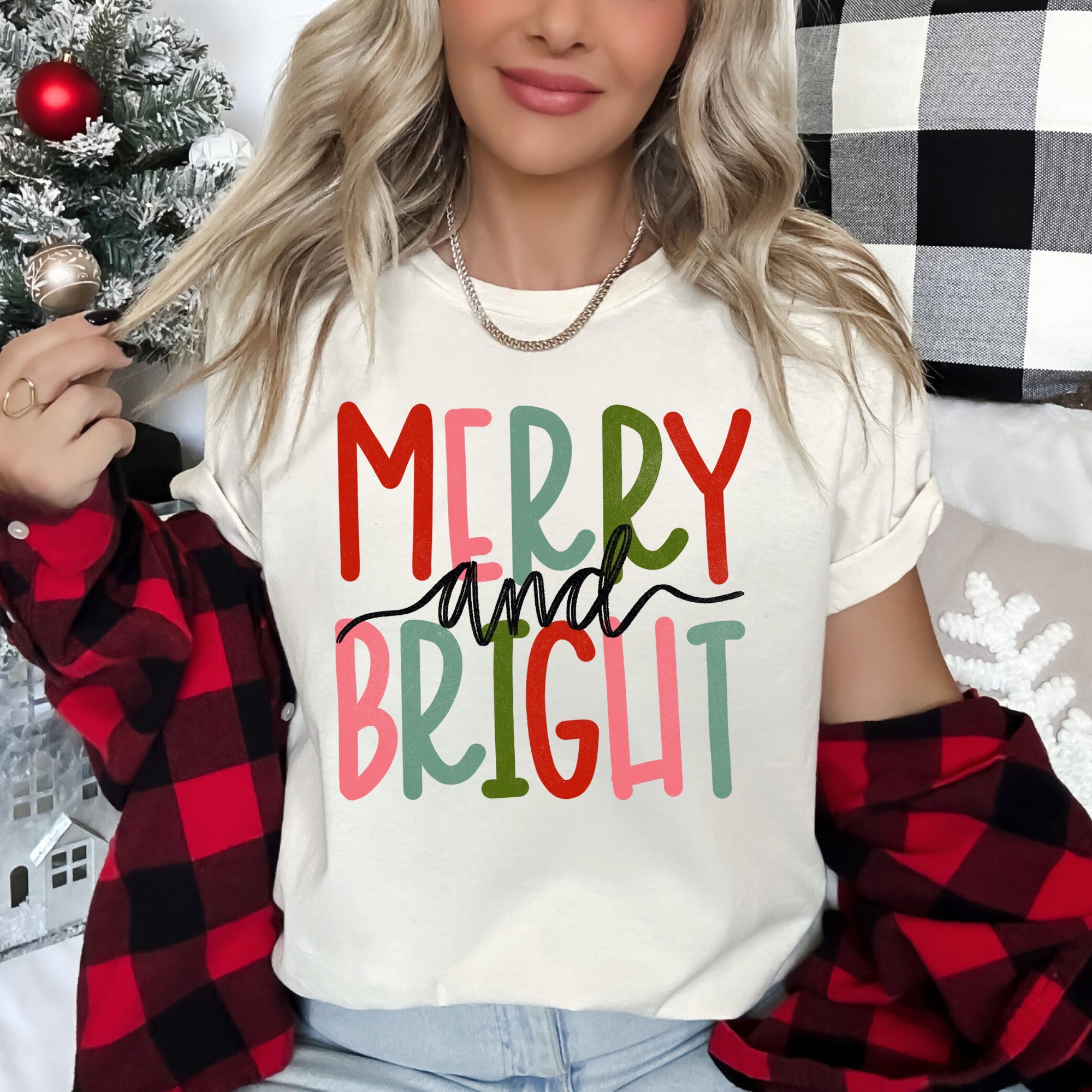 Merry And Bright Retro Text Christmas Cheer Holiday Script Ornament Snowflake Pattern Graphic Tee